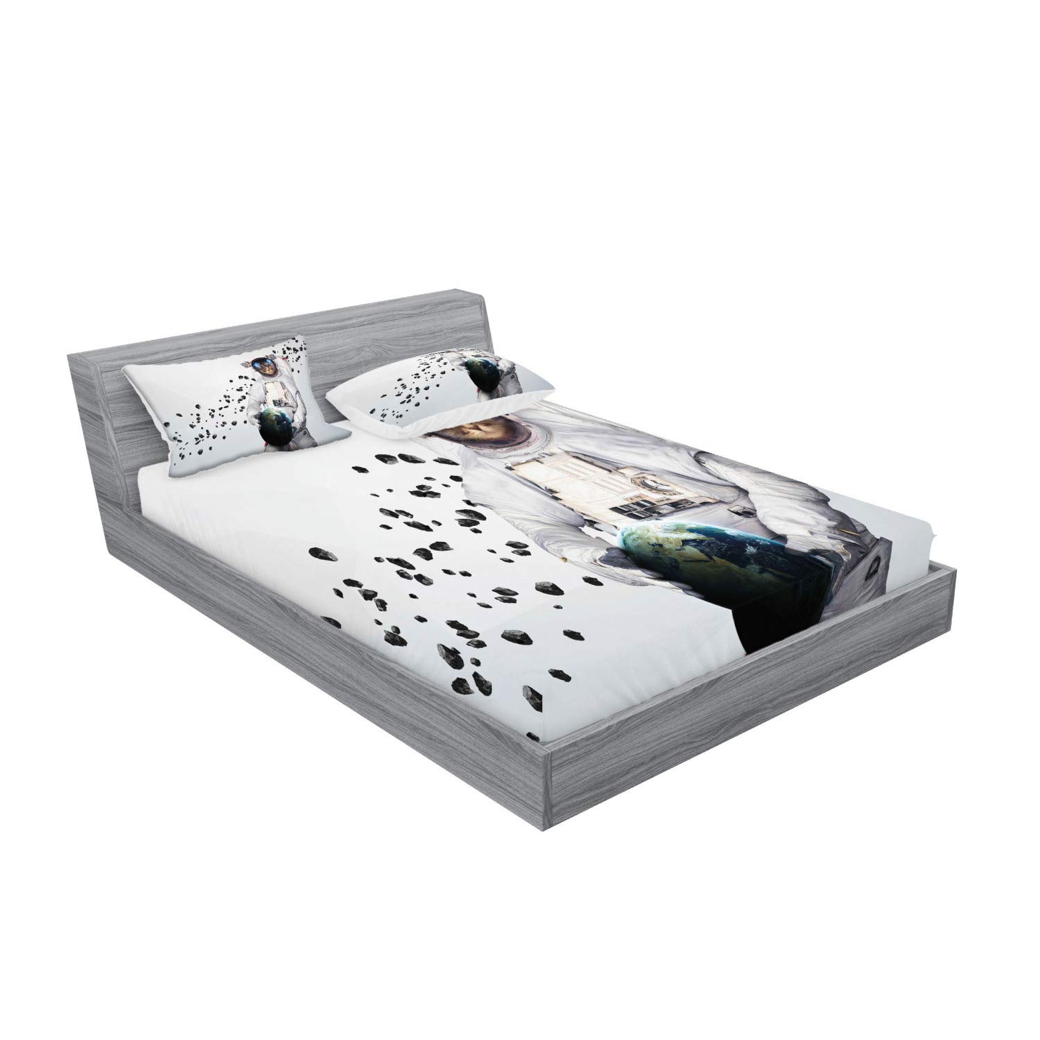 Ambesonne Space Cat Fitted Sheet & Pillow Sham Set - Astronaut Kitten in Space Suit Holding Planet with Galaxy Print, 3-Piece King Size Bedding Set in White, Black & Blue | Perfect for Kids Room, Space-Themed Bedroom Decor & Sci-Fi Lovers