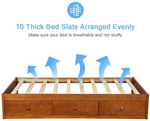 Merax Twin Size Wood Platform Bed with 3 Storage Drawers & Wood Slat Support - No Box Spring Needed - Sturdy Bed Frame for Small Spaces, Guest Rooms & Dormitories