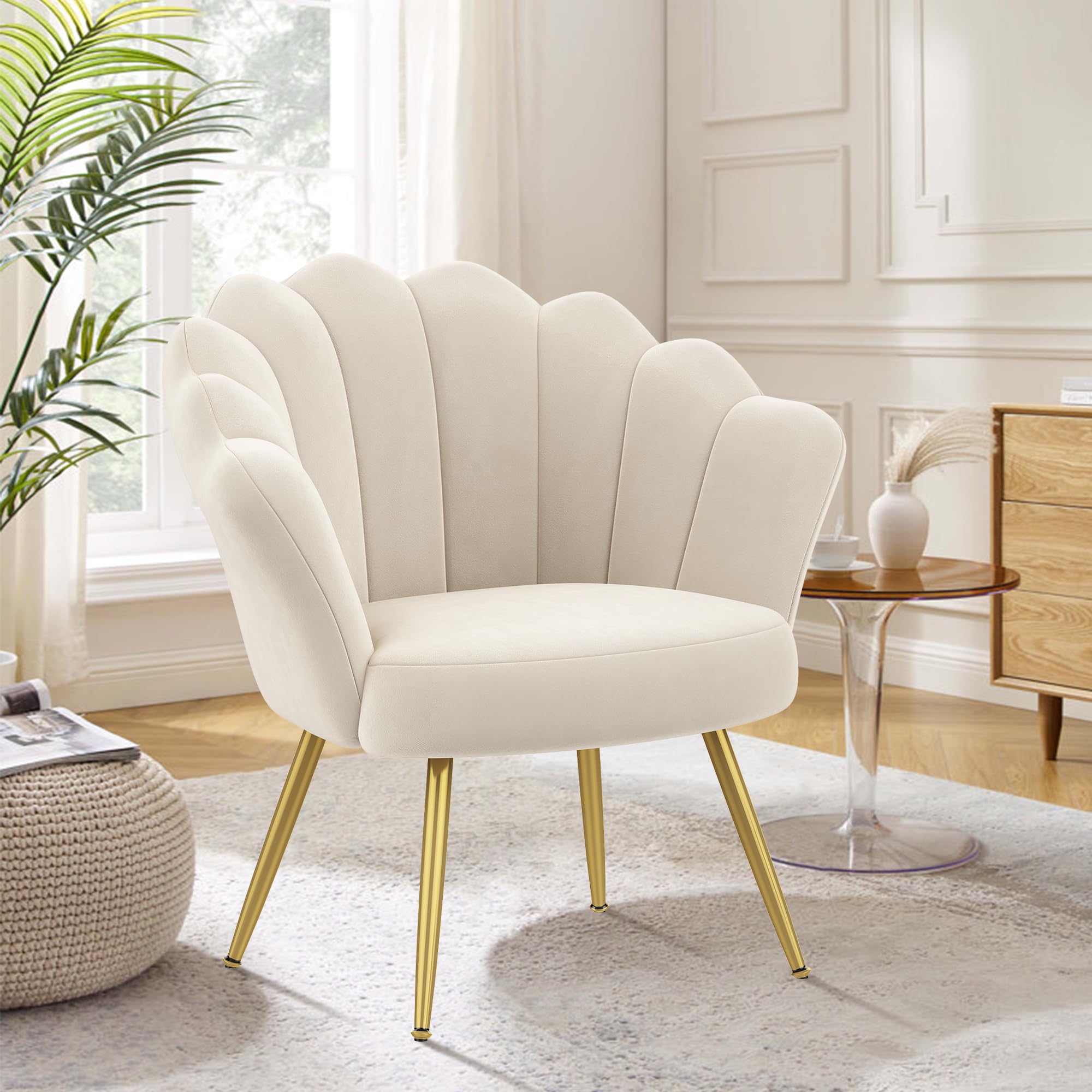 Mid Century Velvet Accent Chair - Modern Upholstered Barrel Armchair for Living Room, Bedroom & Makeup Vanity - Comfy Guest Leisure Chair in Ivory - Perfect for Home Decor, Reading Nook & Lounge Areas