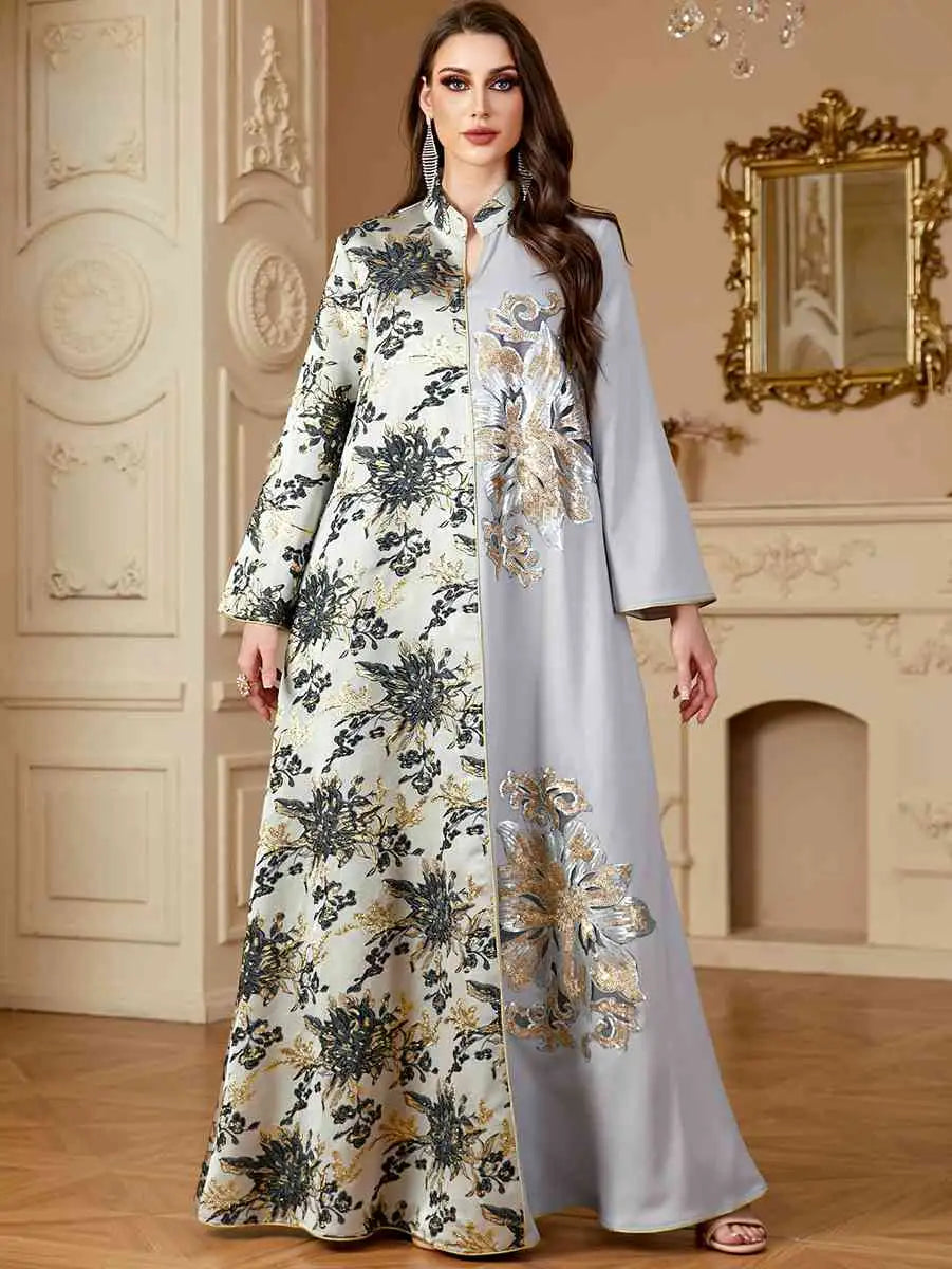 Elegant Jacquard Eid Caftan Dress for Women - Long Sleeve Flowy Kaftan #244150 - Perfect for Eid Celebrations, Weddings & Special Occasions