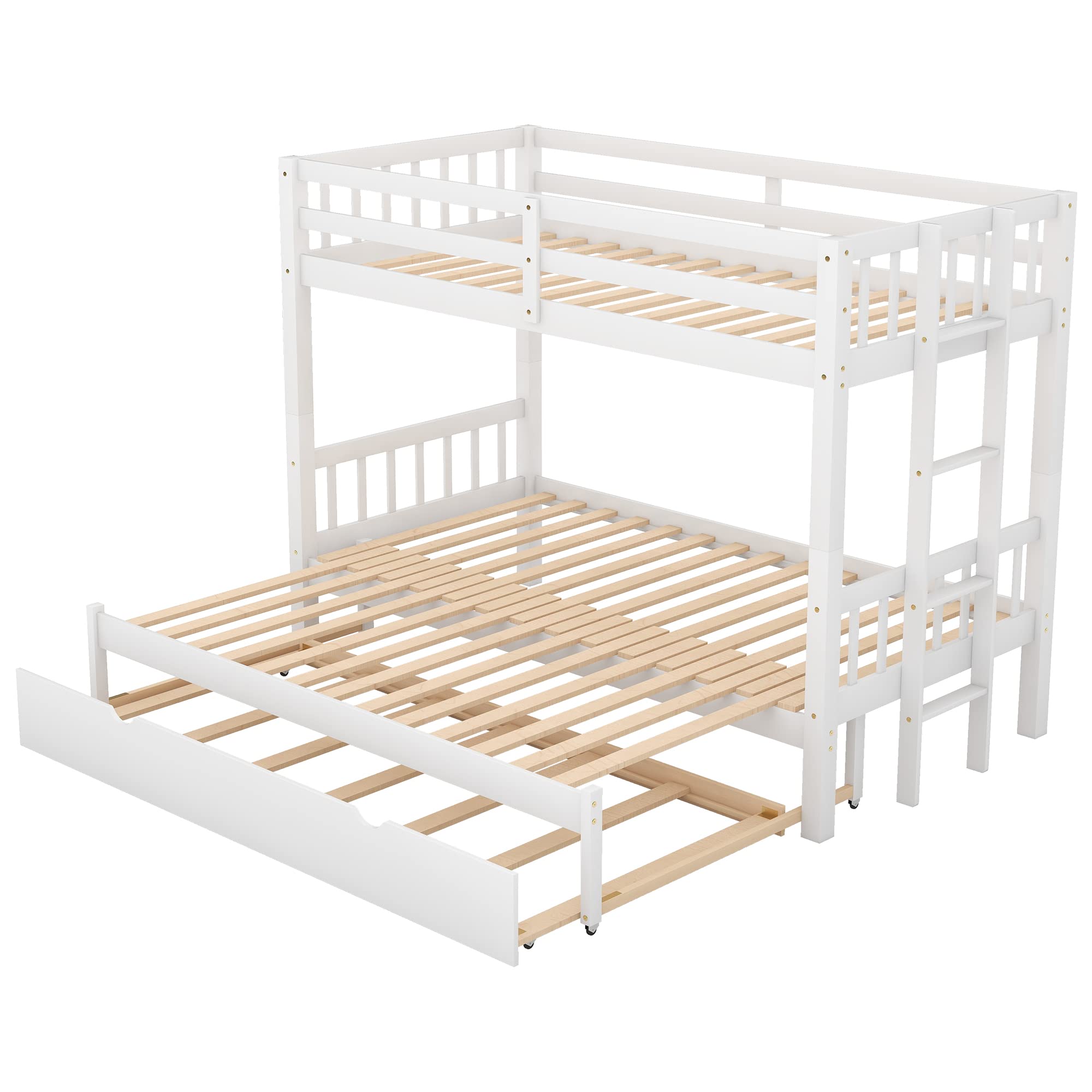 Twin Over Twin Bunk Bed with Trundle - Expandable Wooden Bunk Bed Frame for Kids with Ladder & Safety Rail - Convertible to Twin/Double Bed - Perfect for Small Bedrooms, Guest Rooms & Vacation Homes - White