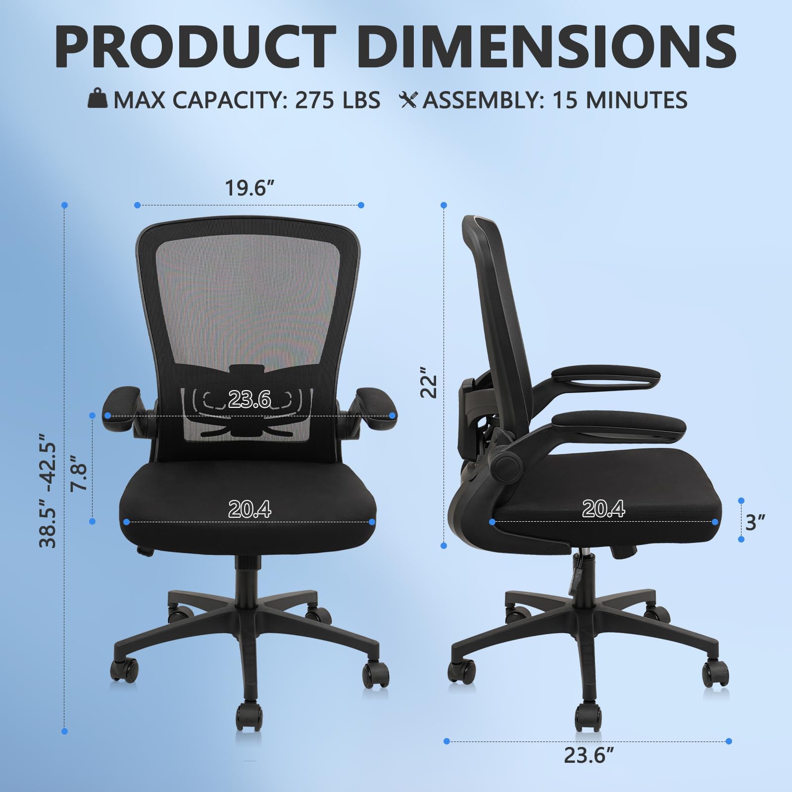 Ergonomic Mesh Office Chair with Wheels - Adjustable Height, Swivel & Lumbar Support - Flip-Up Armrests - Set of 4 - Perfect for Home Office, Gaming & Workspace Comfort
