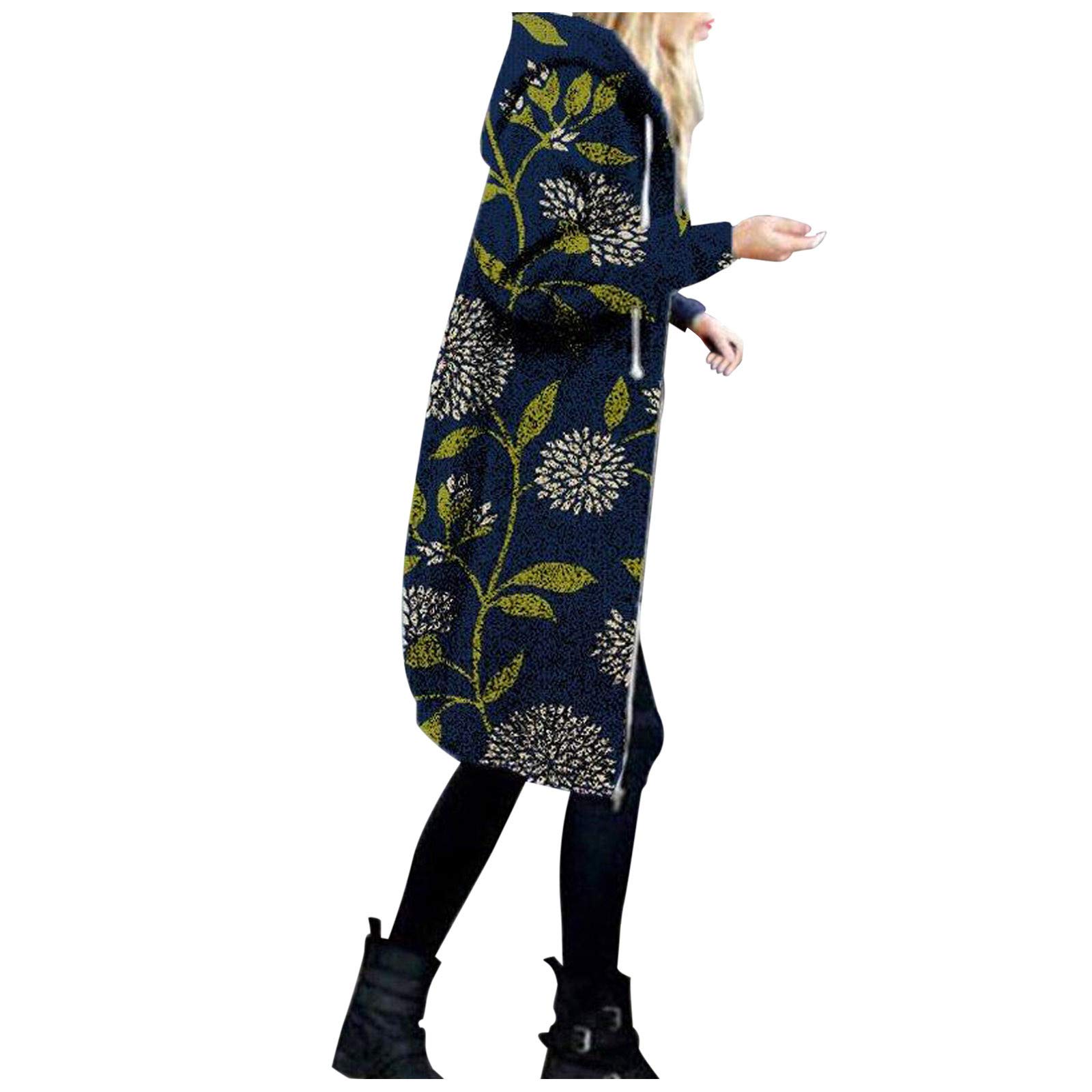 Women's Floral Print Plush Hoodie Cardigan with Pockets & Zipper - Cozy Long Outerwear Jacket for Casual Wear, Fall & Winter Fashion