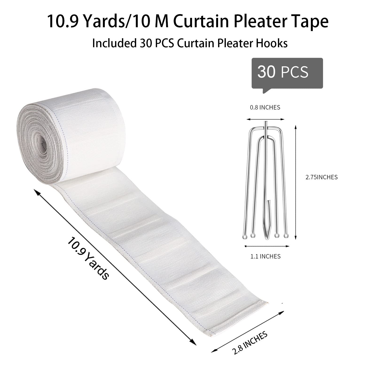 10 Meters/10.9 Yards White Pleat Tape for DIY Pinch Pleat Curtains - Includes 30 Stainless Steel 4-Prong Hooks | Perfect for Home Decor, Window Treatments & Custom Drapery Projects