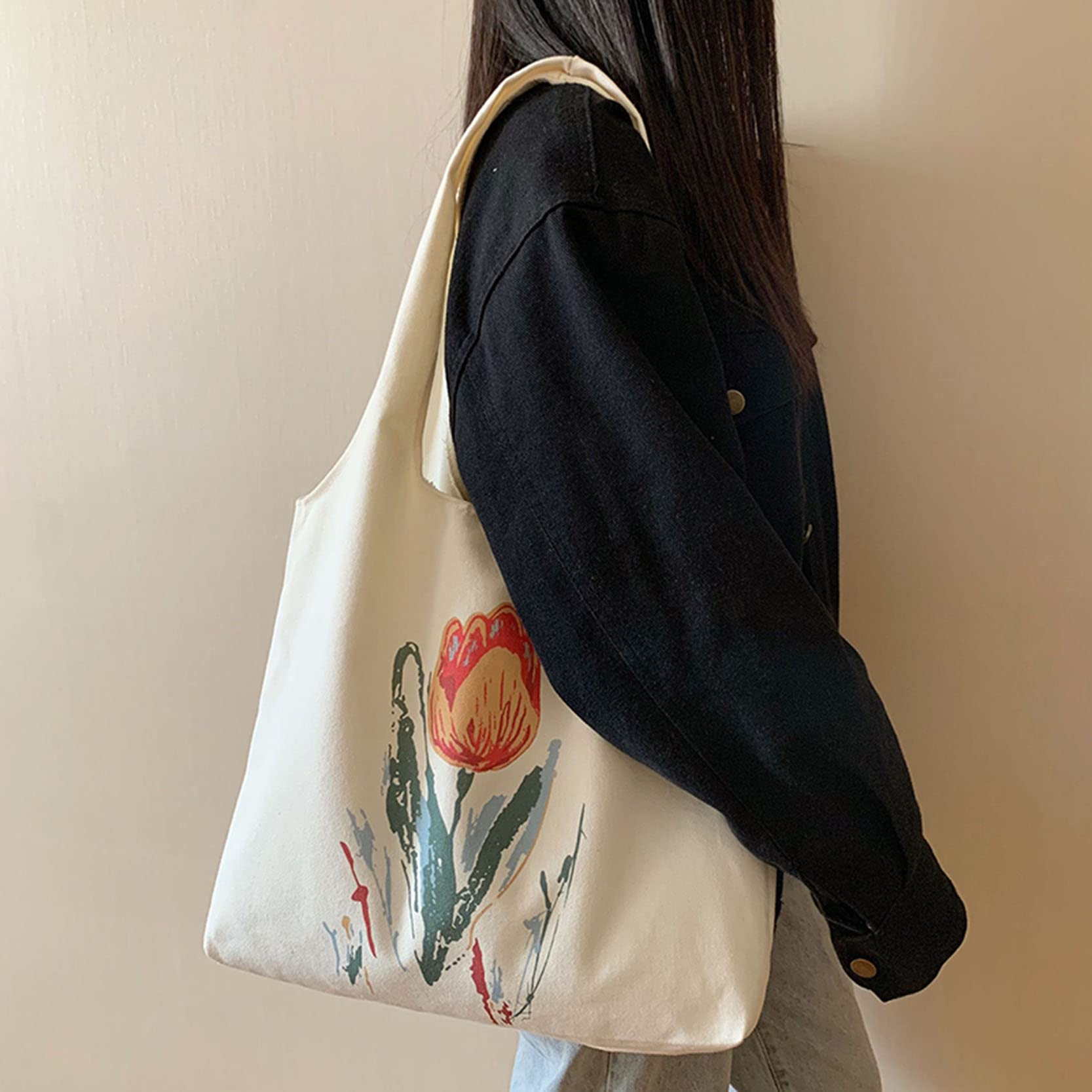 Minimalist Floral Canvas Tote Bag for Women - Cute Reusable Grocery Bag with Aesthetic Flower Design | Perfect for Shopping, Beach Trips & Daily Use