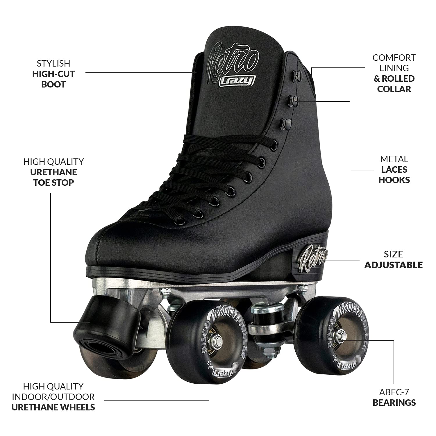 Crazy Skates Retro Roller Skates - Adjustable & Fixed Sizes for Men, Women & Kids | Classic Quad Roller Skates for Indoor & Outdoor Use | Perfect for Rink, Park & Street Skating