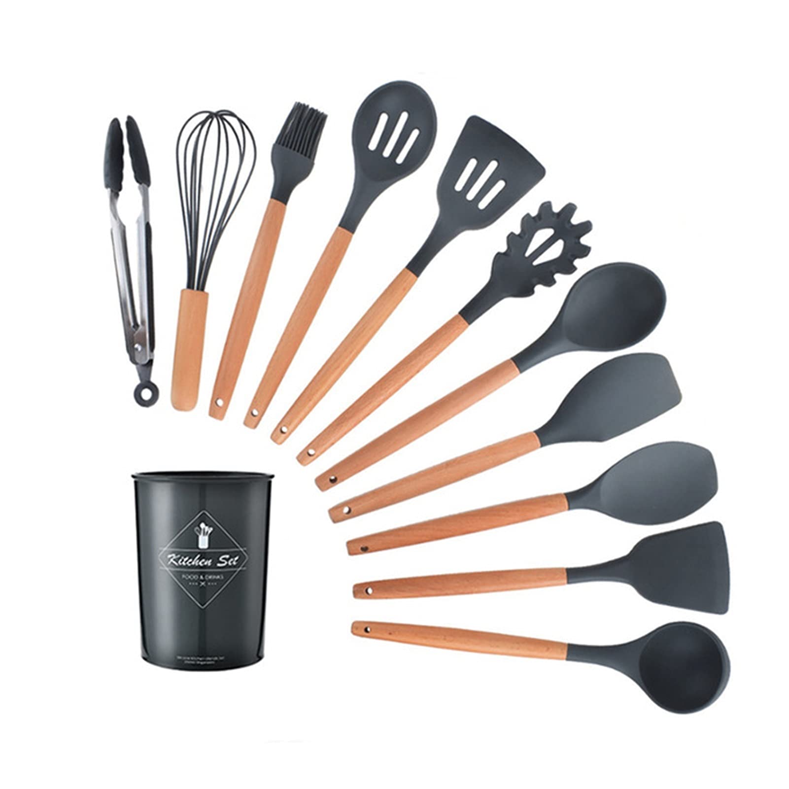 Premium 9 or 12-Piece Pink Silicone Kitchen Utensil Set with Storage Box - Includes Turner, Tongs, Spatula & Soup Spoon (Dark Grey, 12PC) - Ideal for Cooking, Baking & Gift Giving