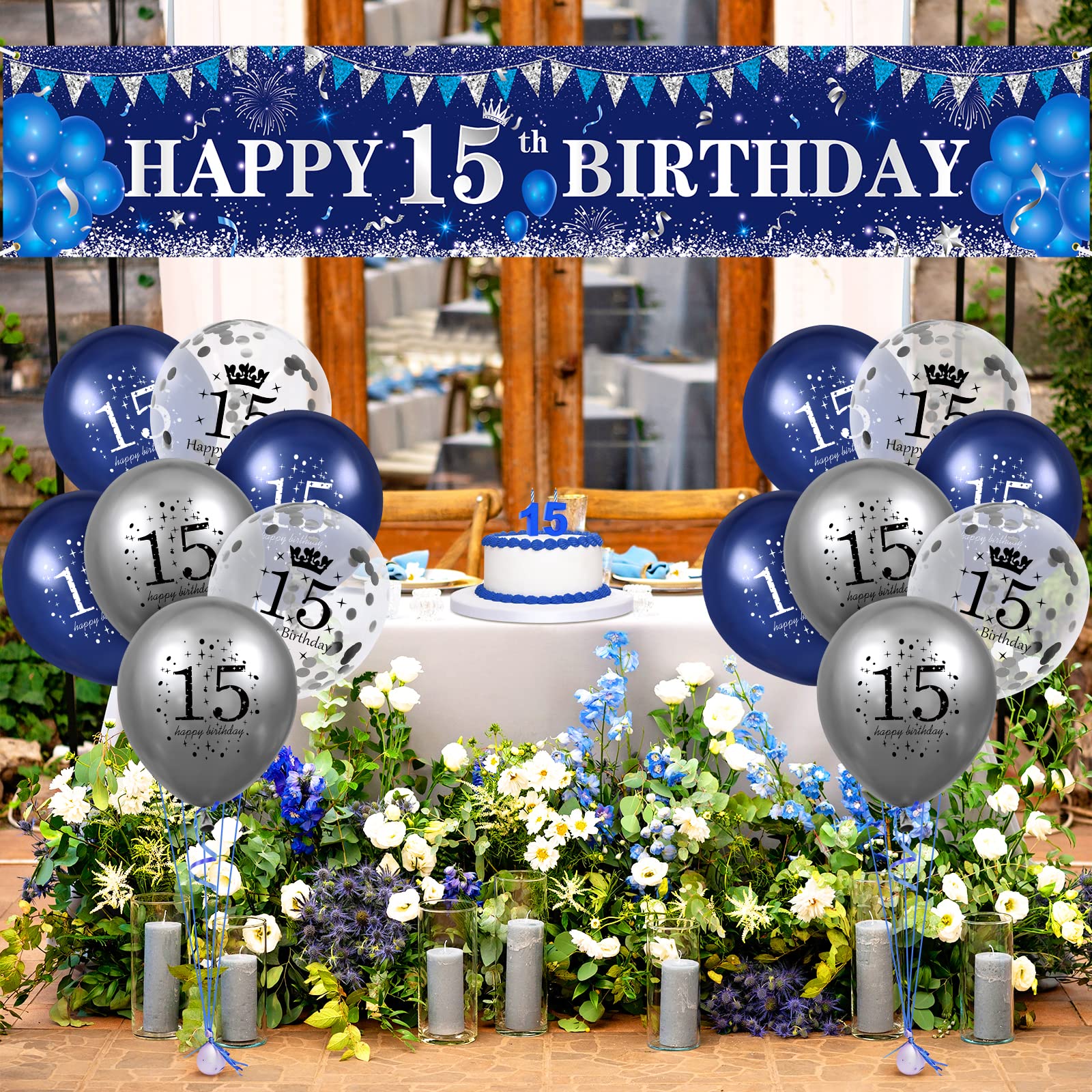 Navy Blue & Silver Happy 15th Birthday Decorations Set - Yard Banner, Balloons for Boys & Girls 15th Birthday Party Supplies | Perfect for Anniversary Celebrations, Backyard Parties & Milestone Decor