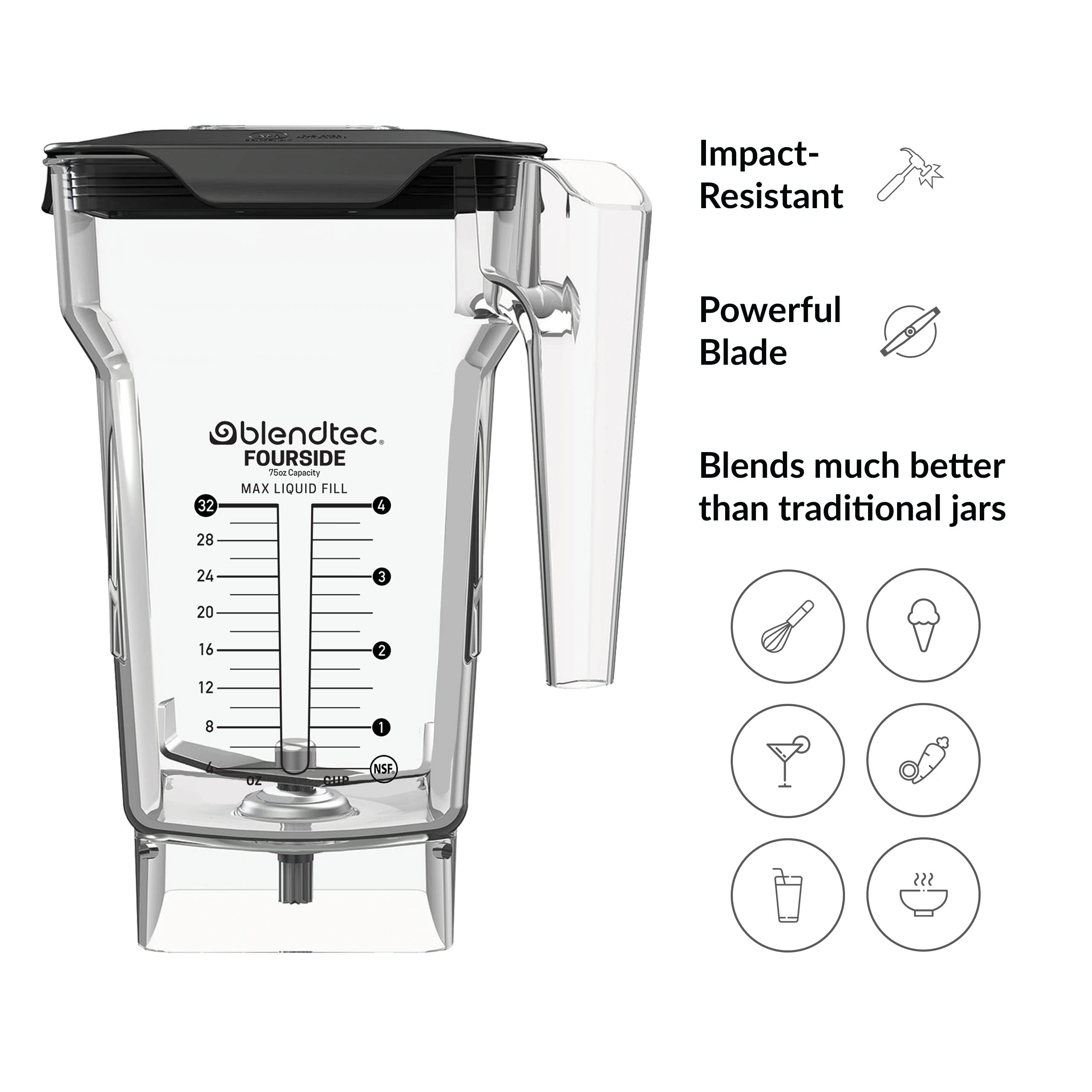 Blendtec 75 oz FourSide Commercial Blender Jar - 4-Sided Replacement Pitcher for Most Blendtec Blenders - 32 oz Blending Capacity - Clear Glass - Perfect for Smoothies, Soups & Nut Butters