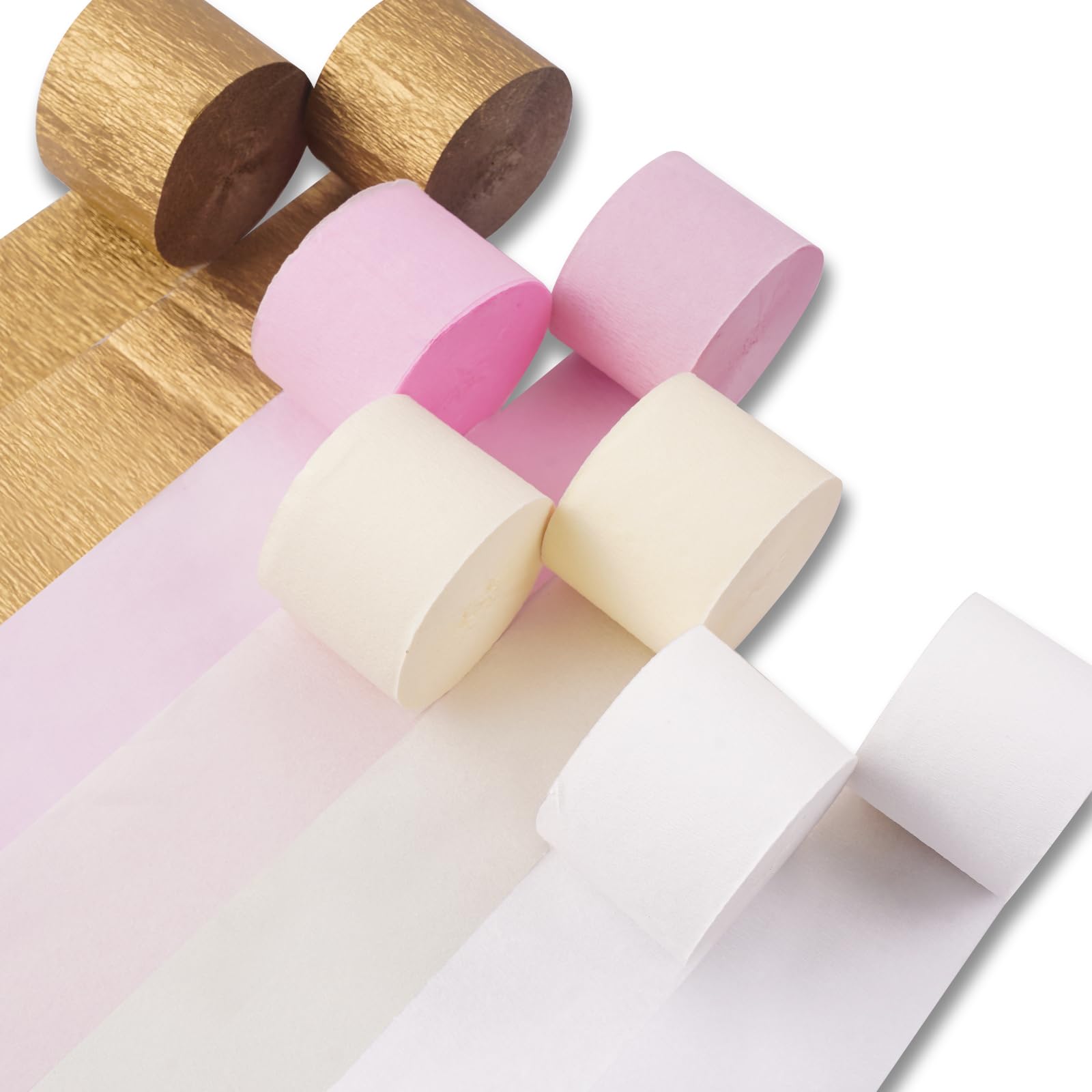 PartyWoo Crepe Paper Streamers - 8 Rolls (656ft Total) - Metallic Gold, White & Pink Decorative Streamers for Birthday, Wedding & Party Decorations (1.8