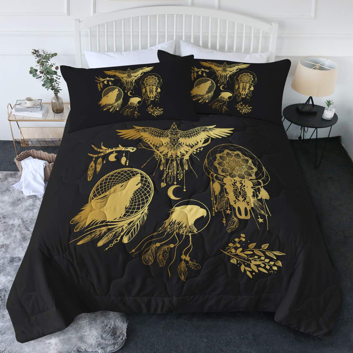 BlessLiving Native American Indian Dream Catcher Comforter Set - Wolf & Eagle Design Reversible King Size Bedding - All Season Black Gold 3 Piece Comforter with 2 Pillow Shams - Perfect for Southwest Style Bedroom Decor & Spiritual Home Atmosphere