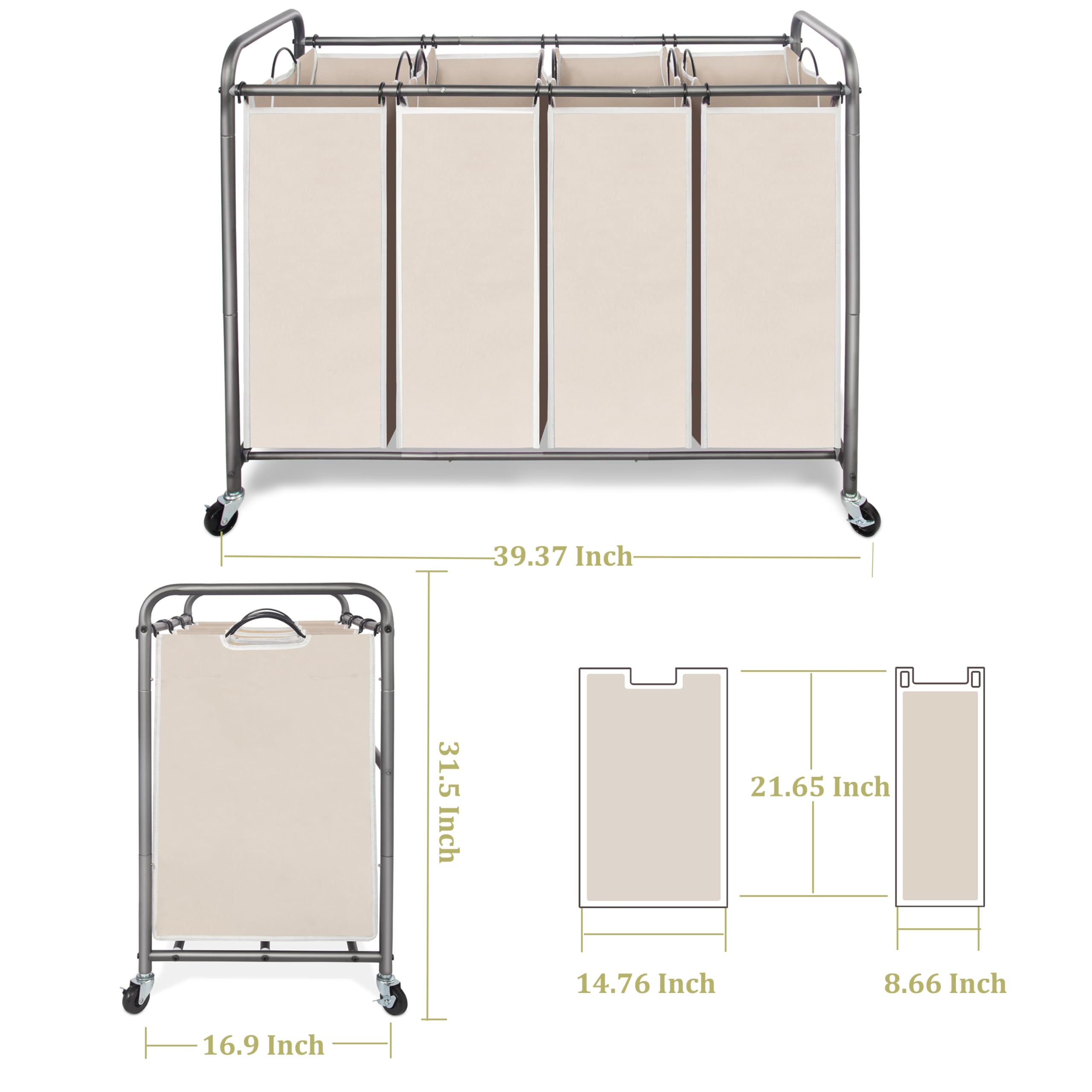 4-Section Heavy Duty Rolling Laundry Hamper Cart with Wheels & Removable Bags - Laundry Basket Organizer for Clothes Storage - Perfect for Laundry Room, Dorm, or Apartment Organization (Beige)