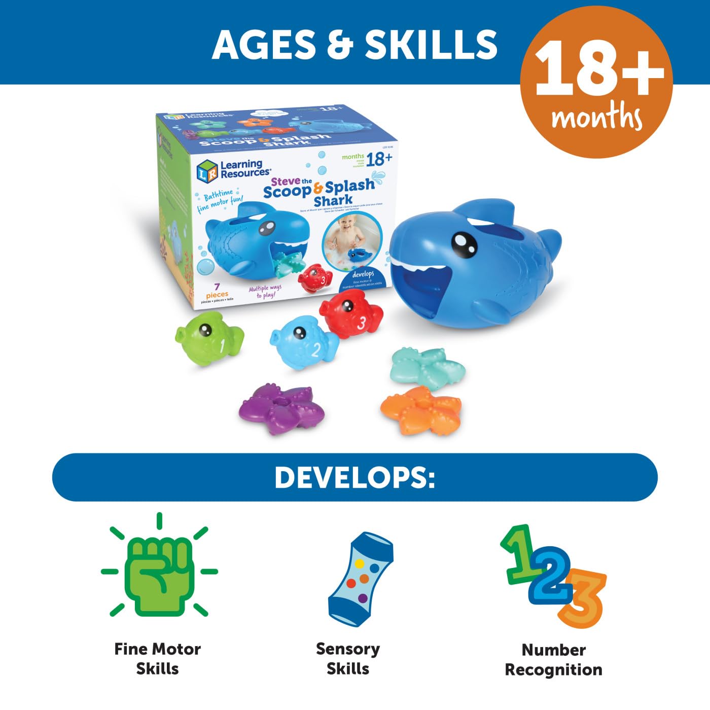 Learning Resources Steve The Scoop & Splash Shark - 7 Piece Toddler Bath & Pool Water Toy Set for Babies 18+ Months - Fun Educational Bathtub & Swimming Pool Toys for Kids - Perfect Stocking Stuffer Gift for Toddlers