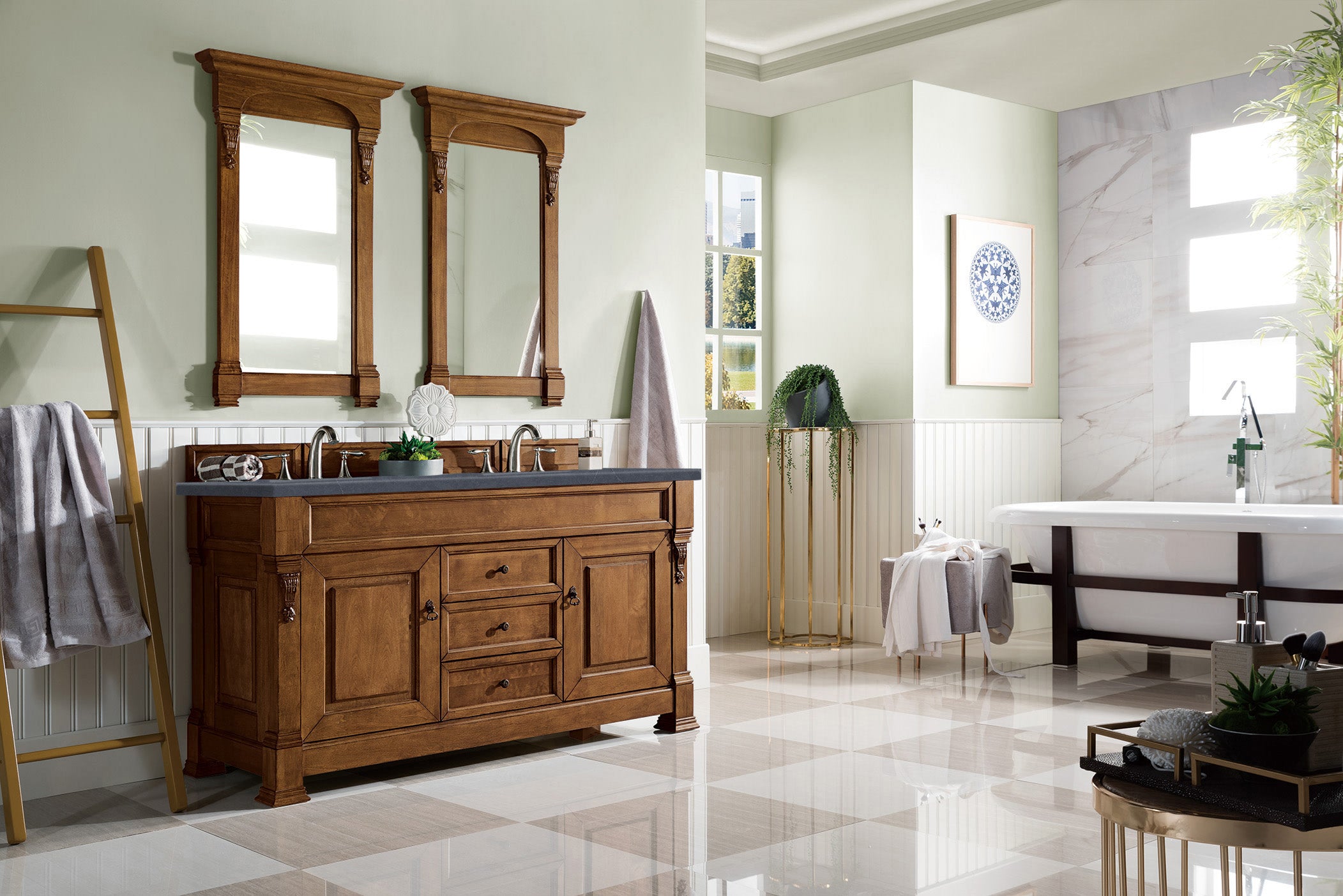 Brookfield 60-Inch Double Bathroom Vanity with Country Oak Finish & 3CM Charcoal Soapstone Quartz Countertop - Perfect for Master Bathroom or Guest Bath Remodel