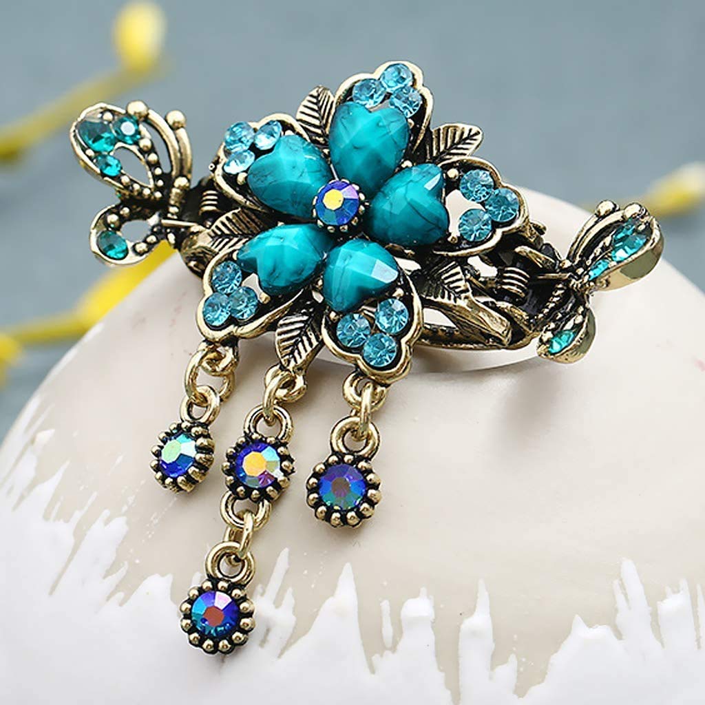 Vintage Metal Hair Claw Clip with Tassel Dangle - Blue Retro Hair Clips for Women | Perfect for Updos, Ponytails & Boho Hairstyles