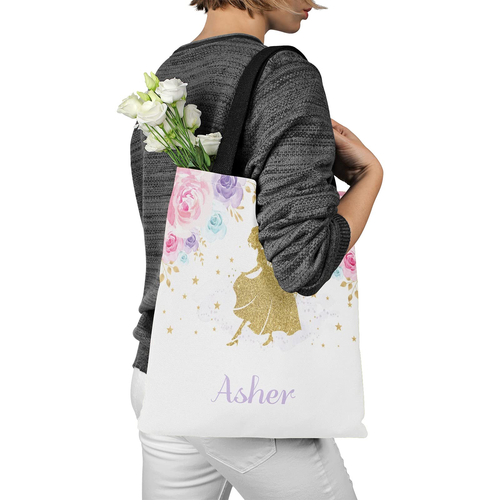 Personalized Princess Floral Canvas Tote Bags for Kids - Reusable Shopping Bags, Travel & School Handbags (Perfect Gift for Birthdays, Parties & Everyday Use)