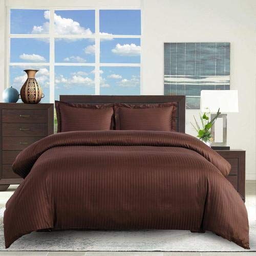 Premium 300-Thread-Count Luxury Duvet Cover Set - Full/Queen Size Damask Stripe Bedding in Rich Chocolate Brown - Perfect for Master Bedrooms, Guest Rooms & Cozy Winter Nights