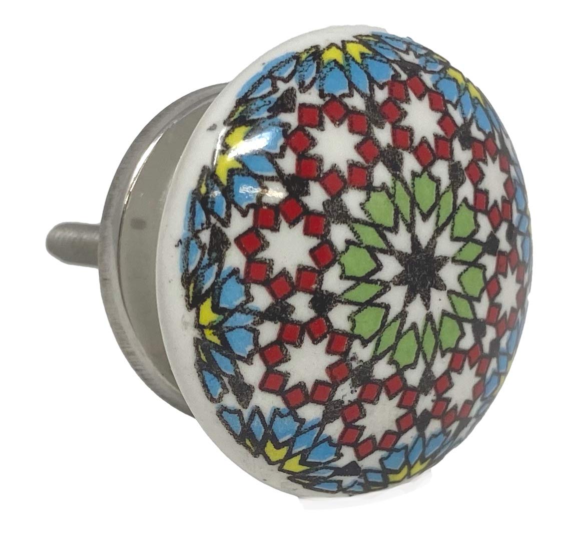 Vintage Flat Red Stars Floral Design Dresser Knobs - Cabinet Pulls & Kitchen Drawer Handles for Bedroom Furniture & Home Decor (Set of 6) - Perfect for DIY Cabinets, Dressers, and Vintage Style Kitchens