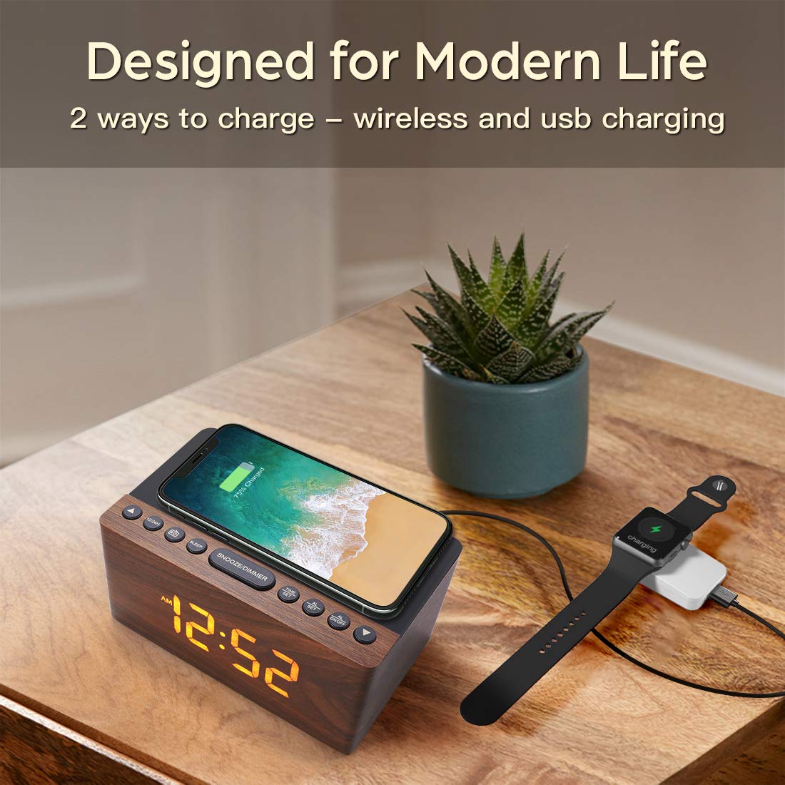 ANJANK Digital LED Alarm Clock with FM Radio & Wireless Charger - 5-Level Dimmer, USB Port, Dual Alarm Sounds, Sleep Timer - Compatible with iPhone & Samsung Galaxy - Perfect for Bedroom, Bedside, Desk (Wood Finish)