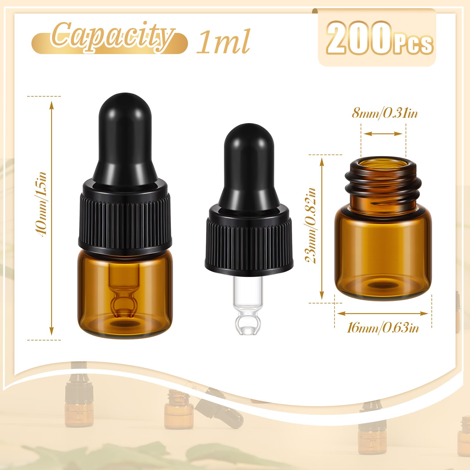 200 Pcs 1ml Amber Mini Glass Dropper Bottles with Lids - Travel Essential Oil Containers, Cosmetic Sample Vials, Perfume Liquid Storage - Perfect for DIY Beauty Products, Aromatherapy & Travel Toiletries
