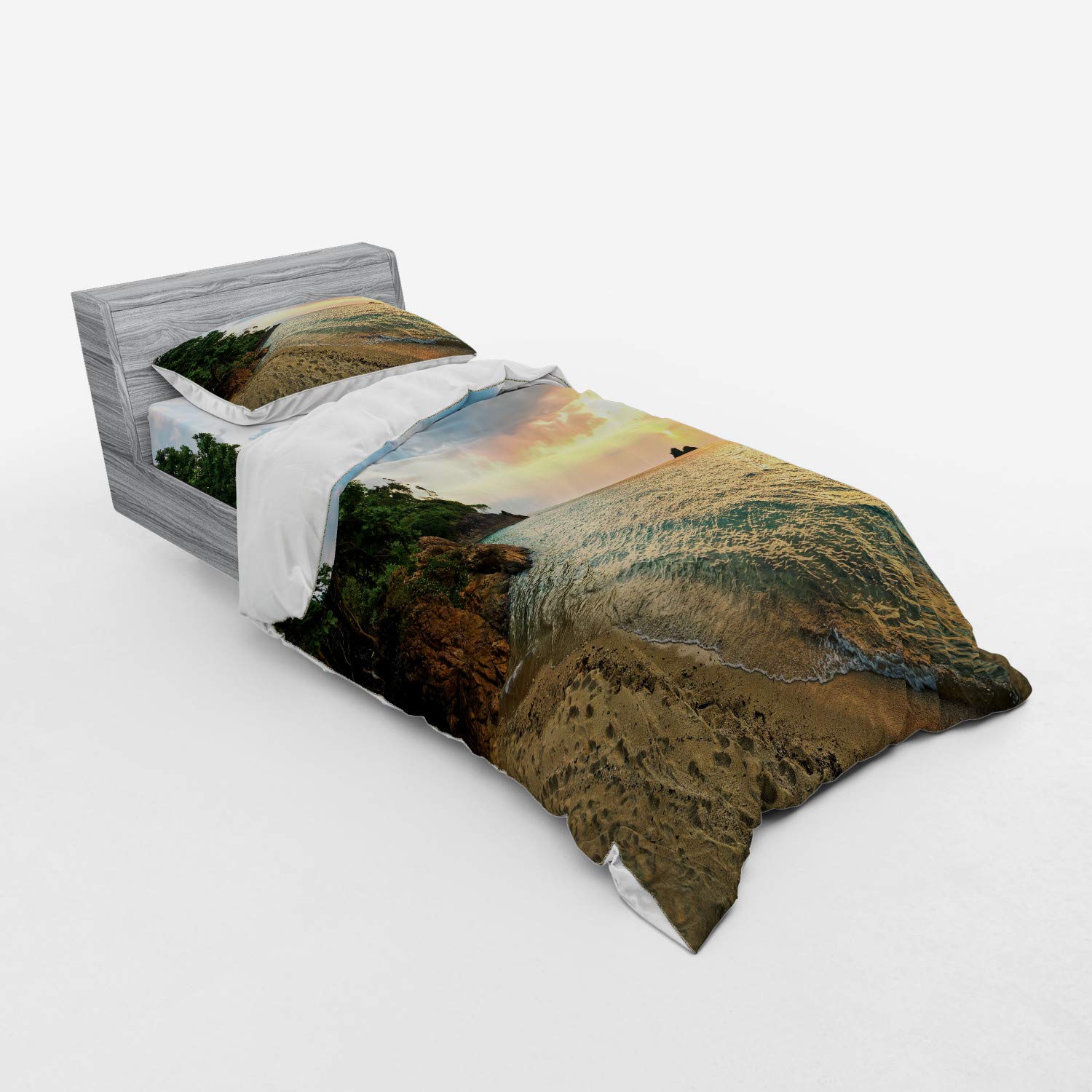 Ambesonne Tropical Sunset Ocean Landscape Duvet Cover Set - 3 Piece Twin XL with Sham & Fitted Sheet in Turquoise Green Cream Peach | Coastal Bedroom Decor for Beach House, Vacation Home & Tropical Themed Rooms