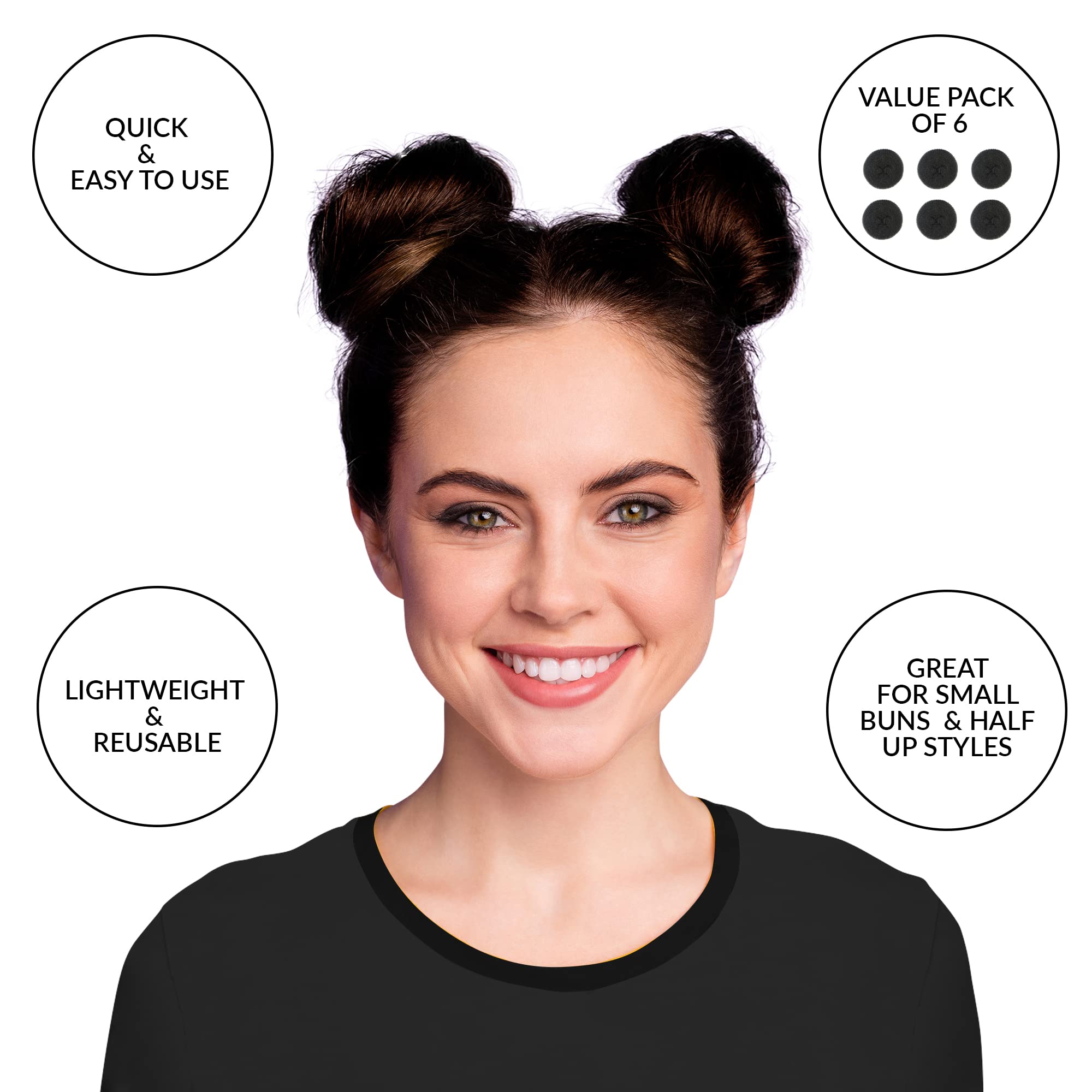 Styla Hair Small Bun Maker for Kids - 6pc Black 2 Inch Hair Donut for Ballet, Dance & Sock Buns | Easy DIY Hairstyles for School, Performances & Everyday Wear
