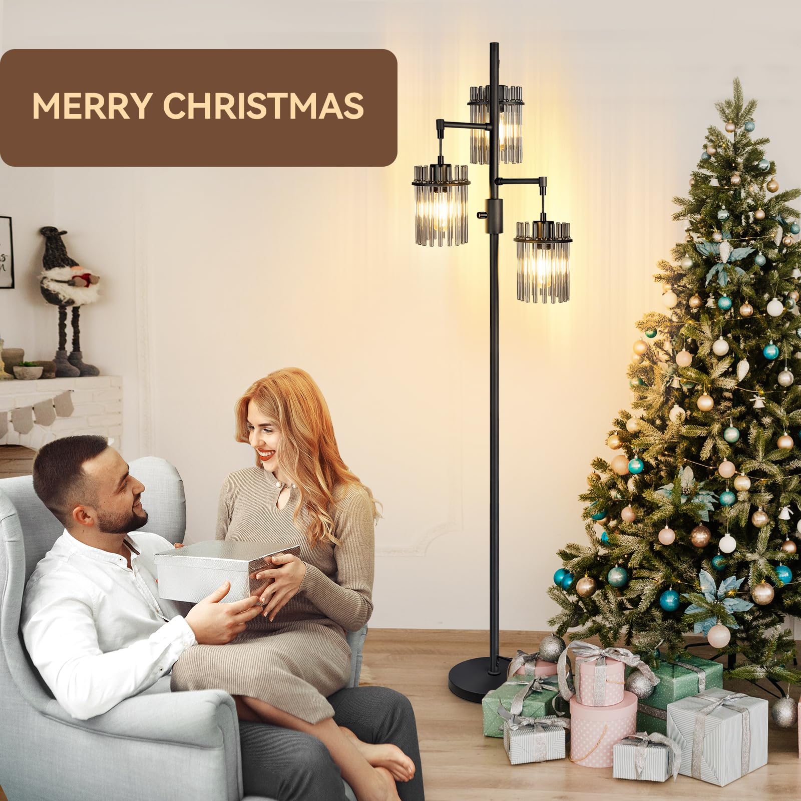Dimmable Industrial Floor Lamp - 66 Inch Tall Glass Tree Standing Lamp with 3 Teardrop Cage Heads & 800 Lumens LED Bulbs for Living Room, Bedroom, Office - Modern Lighting for Home Decor & Workspace Ambiance