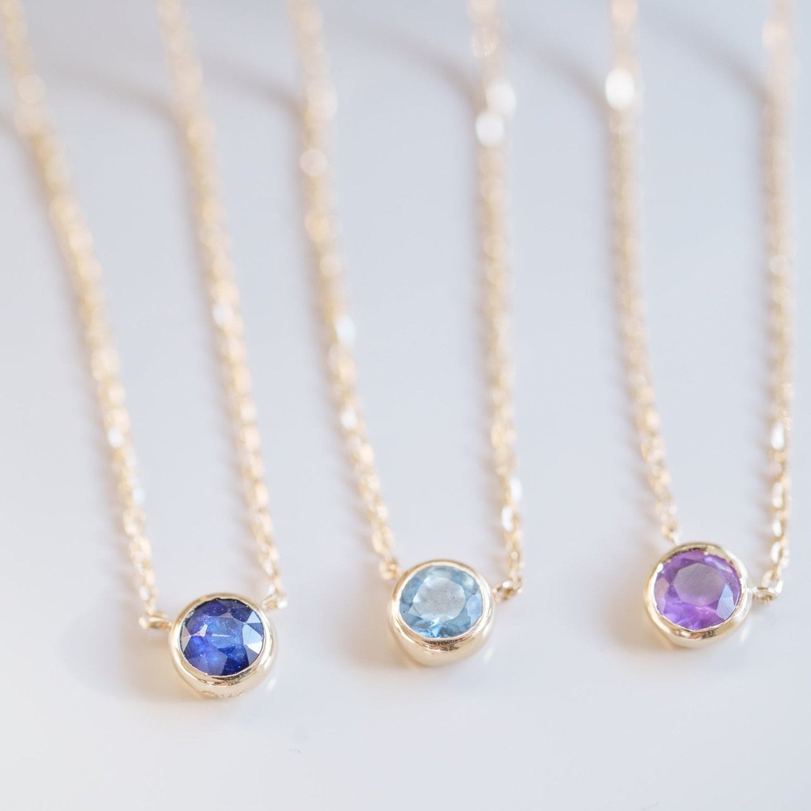 14K Yellow Gold Sapphire Station Necklace - Dainty Bezel Set Gemstone Jewelry for Women, Perfect for Everyday Wear & Special Occasions