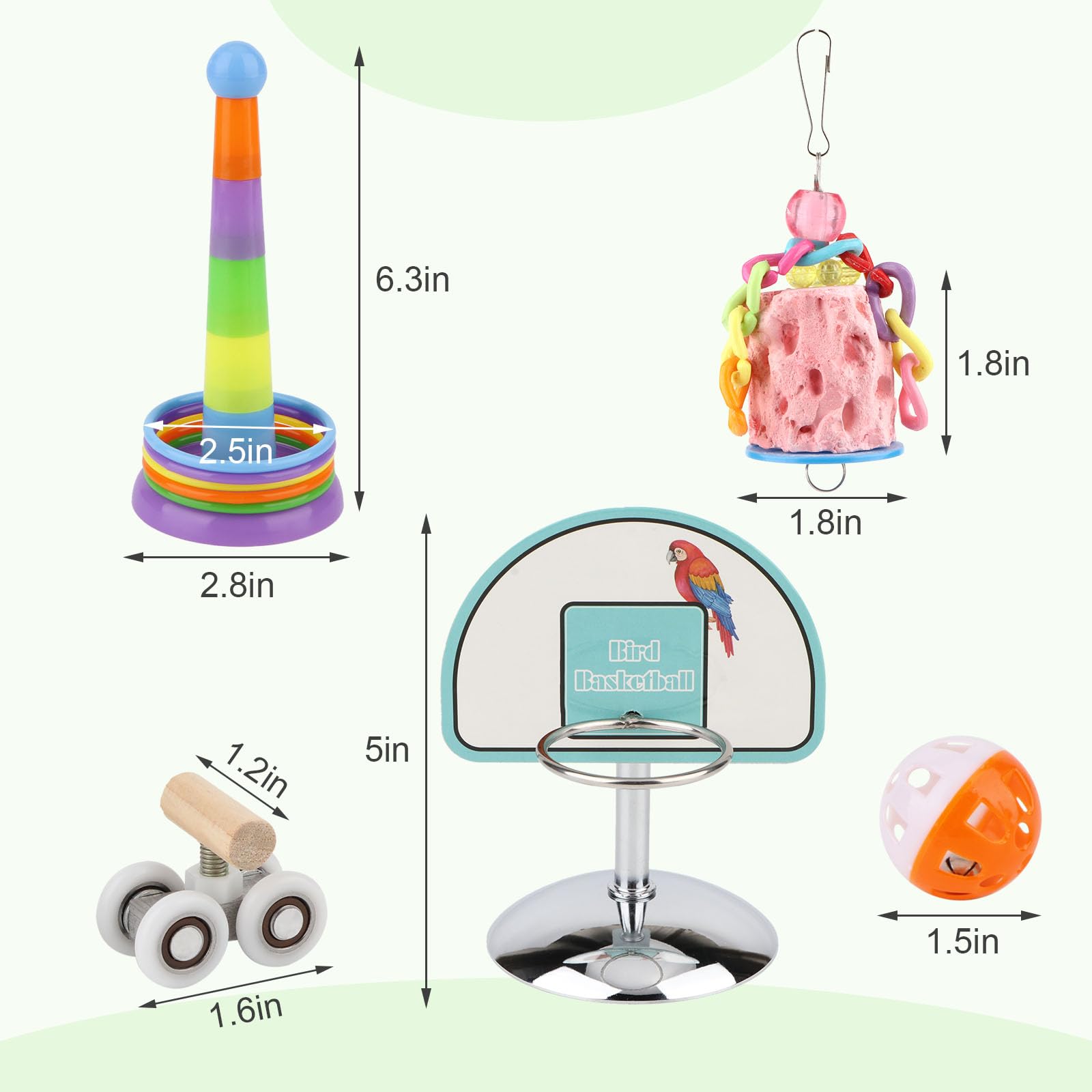 5 Pack Bird Toys for Parrots - Basketball, Mini Shopping Cart, Stacking Toys & Chewing Skates for Cockatiels, Conures, Quaker & Senegal Parrots | Interactive Play & Mental Stimulation for Pet Birds