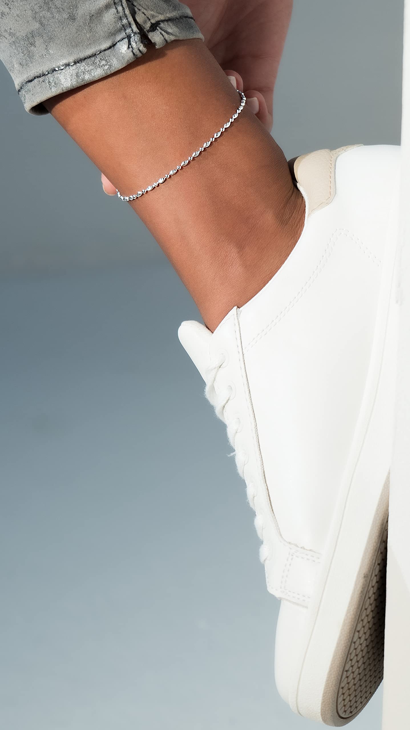 Miabella 925 Sterling Silver Diamond-Cut Oval & Round Bead Ball Chain Anklet for Women - Italian Made Elegant Ankle Bracelet | Perfect for Beach, Wedding & Everyday Wear