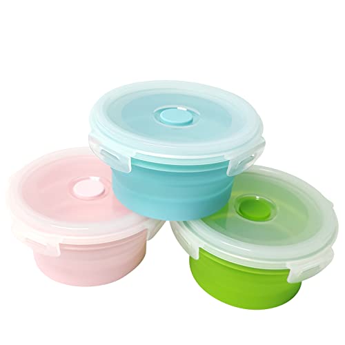 3-Pack Collapsible Silicone Food Storage Containers with Lids - 17oz (500ml) Microwave, Freezer & Dishwasher Safe - Space-Saving Foldable Lunch Bowls for Meal Prep, Office Lunch & Camping