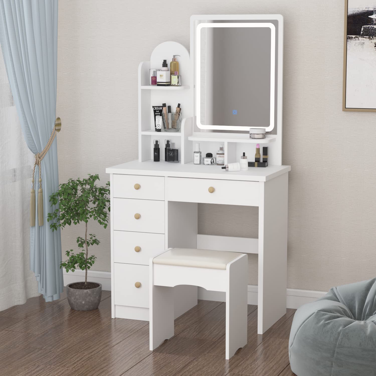 ECACAD White Vanity Desk Set with LED Lighted Mirror - 5-Drawer Makeup Dressing Table with Storage Shelves & Cushioned Stool | Perfect for Bedroom, Dorm Room & Beauty Salon (White)