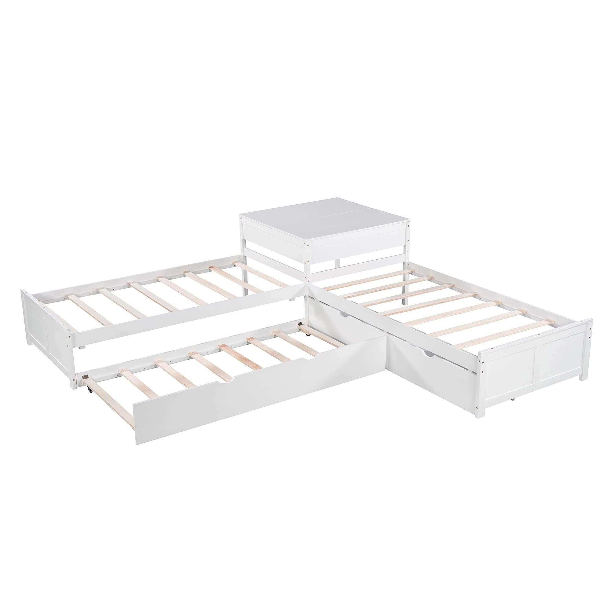L-Shaped Wooden Twin Bed Frame with Desk & Storage Drawers - 3-in-1 Convertible Platform Bed with Trundle for Kids - Space-Saving Study & Sleep Solution for Small Bedrooms - White