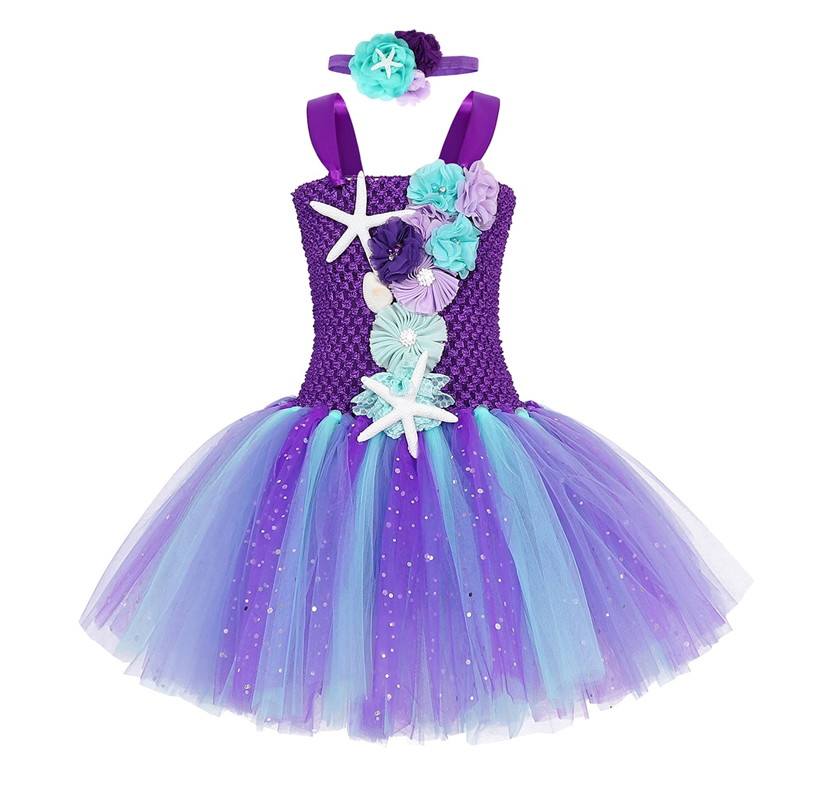 Jurebecia Girls Mermaid Tulle Tutu Dress - Princess Birthday Party Outfit & Halloween Costume with Headband - Perfect for Dress Up, Photo Shoots, and Themed Events