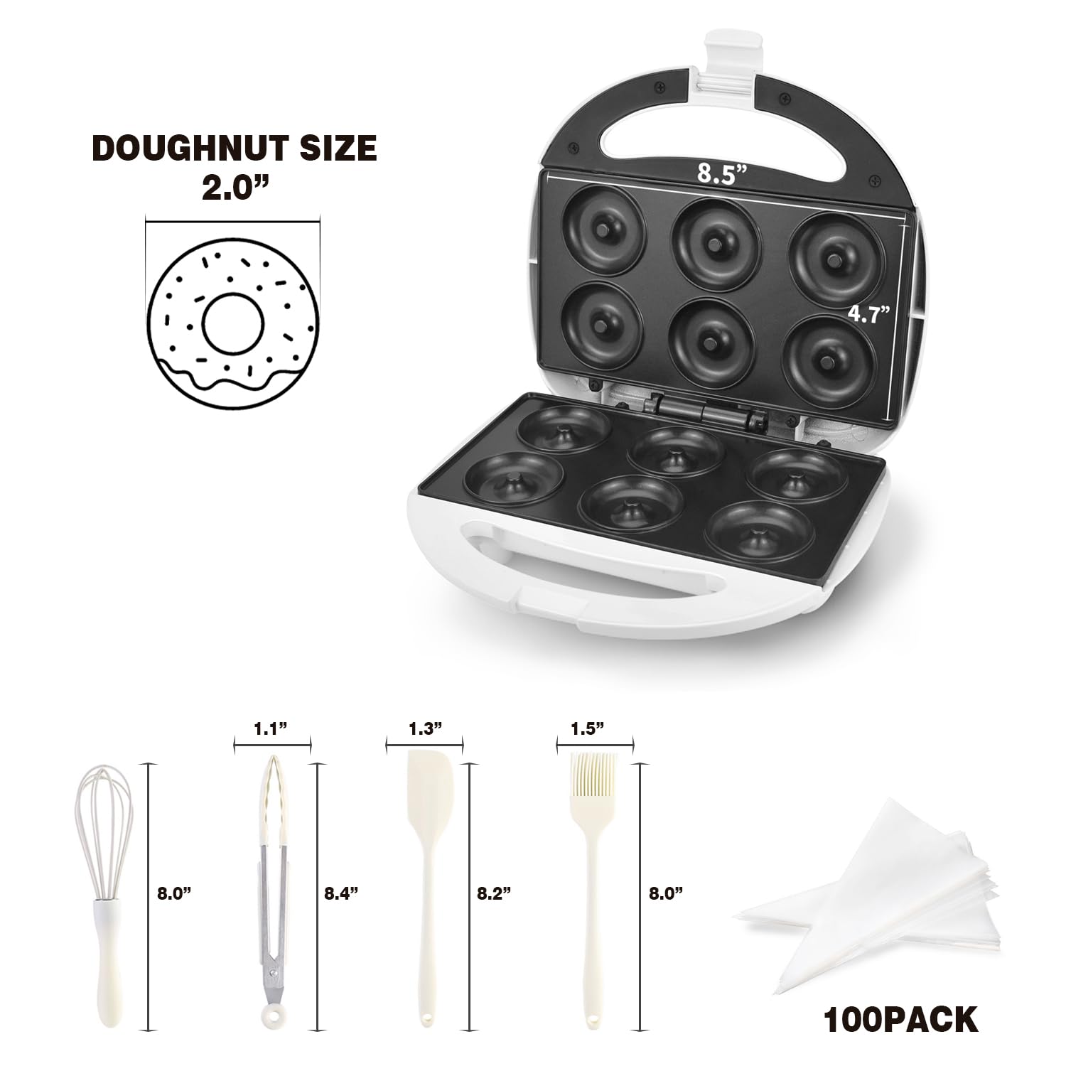 Mini Donut Maker Machine - Non-Stick Electric Doughnut Baker with Cool Touch - Makes 6 Mini Donuts at Once - Perfect for Breakfast, Snacks, Desserts & Party Treats (White) - Great for Home Kitchen, Cafes & Birthday Parties