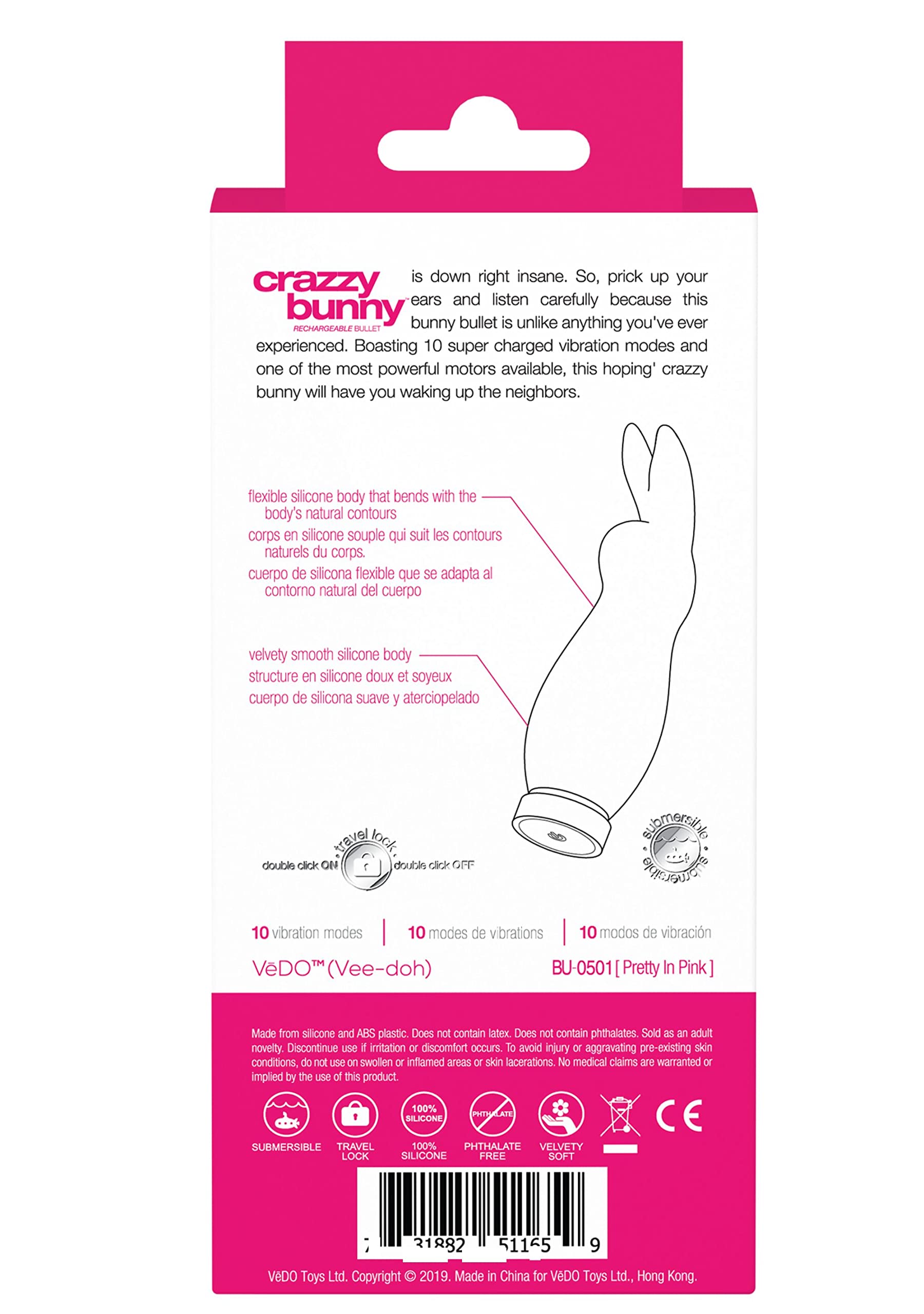 VeDO Crazzy Bunny Rechargeable Clitoral Vibrator - Powerful Bullet Vibrator for Women, Pink Adult Sex Toy & Clitoris Stimulator | Perfect for Solo Play, Couples Fun & Sensual Massage