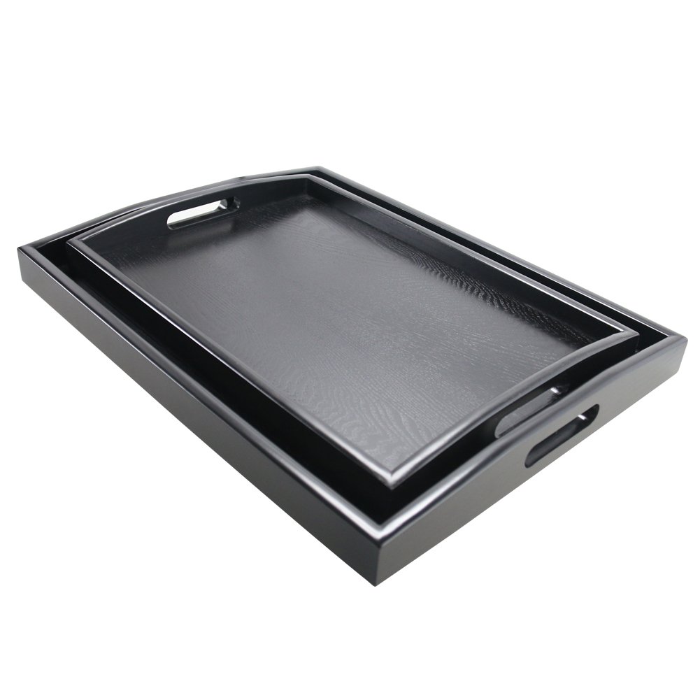 Premium DILLMAN Large Black Wooden Serving Tray - Rectangle Food & Butler Tray with Handles for Breakfast, Dining & Entertaining (Set of 2: Large + Small) - Perfect for Parties, Brunch & Home Decor