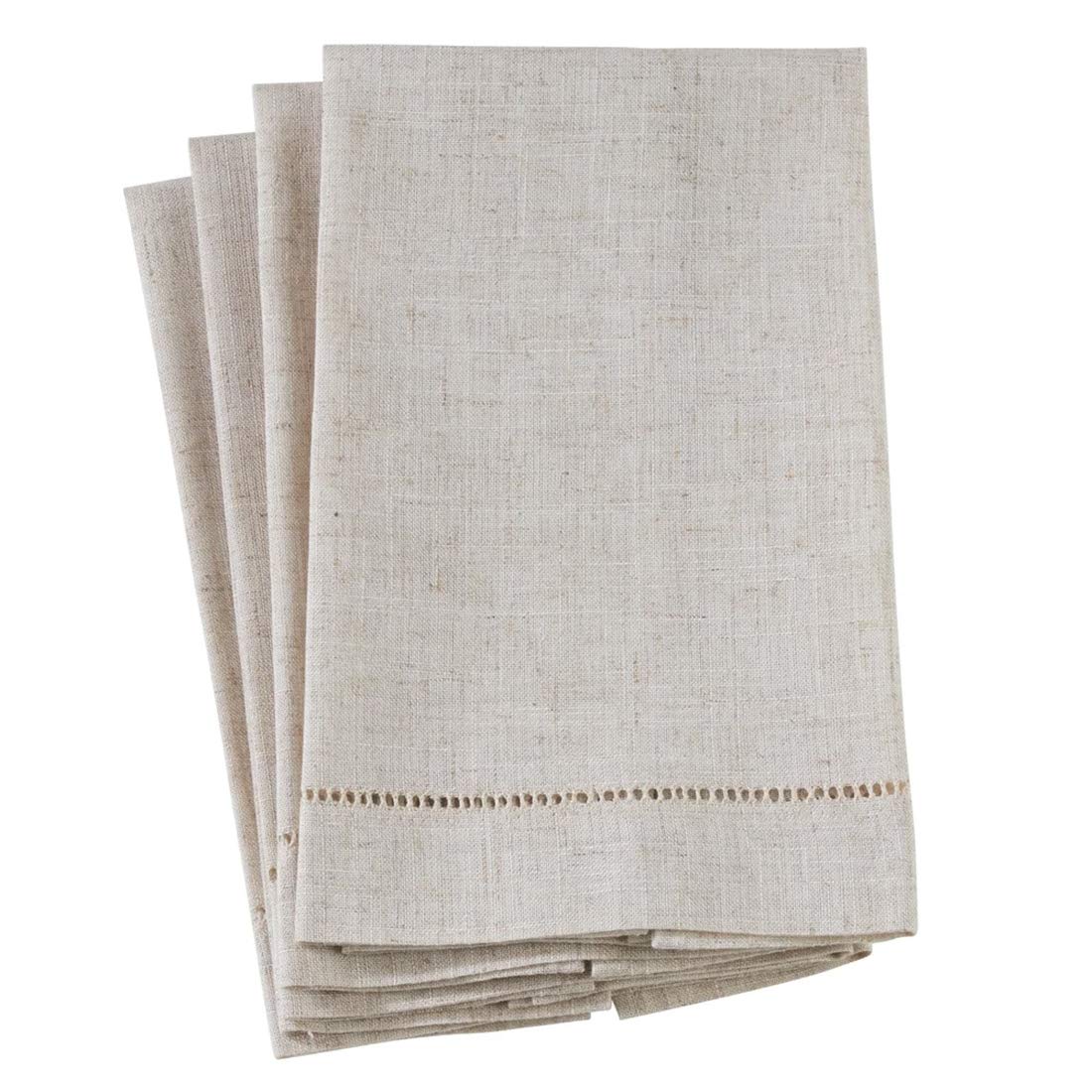Premium Hemstitch Linen-Polyester Guest Towels Set of 4 - 14x22 Inch Natural Modern Hand Towels for Bathroom, Bar & Wedding Decor - Soft Absorbent Kitchen, Powder Room & Guest Bath Essentials