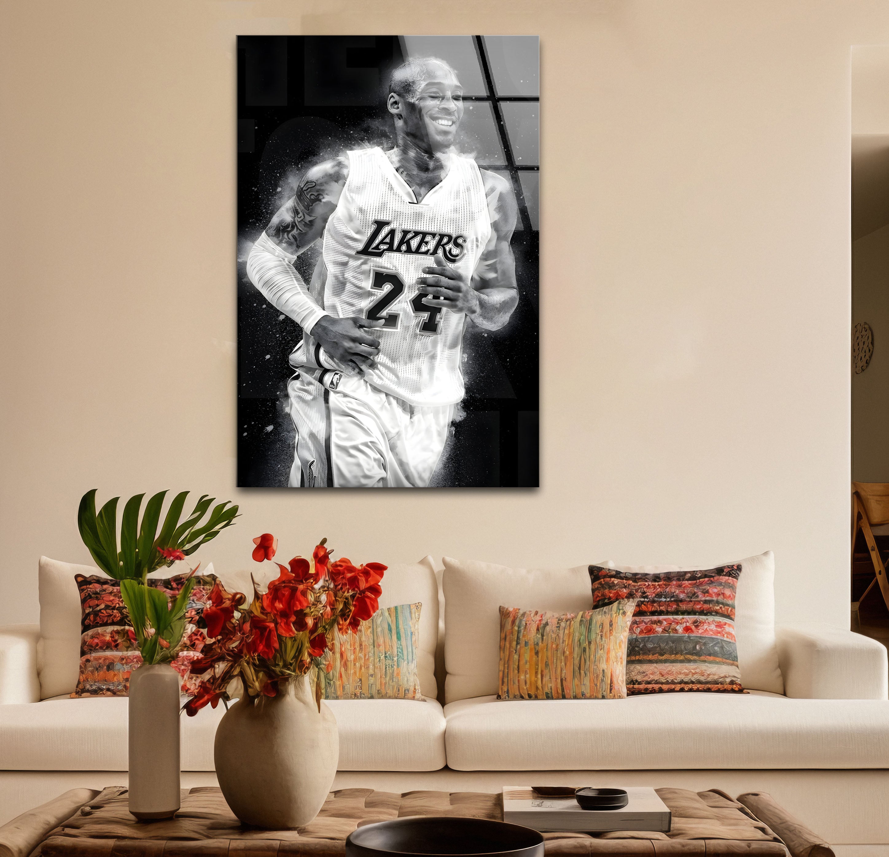 Kobe Bryant Glass Wall Art - Black and White Basketball Decor for Home, Office, or Man Cave - Perfect for Lakers Fans & NBA Memorabilia Collectors