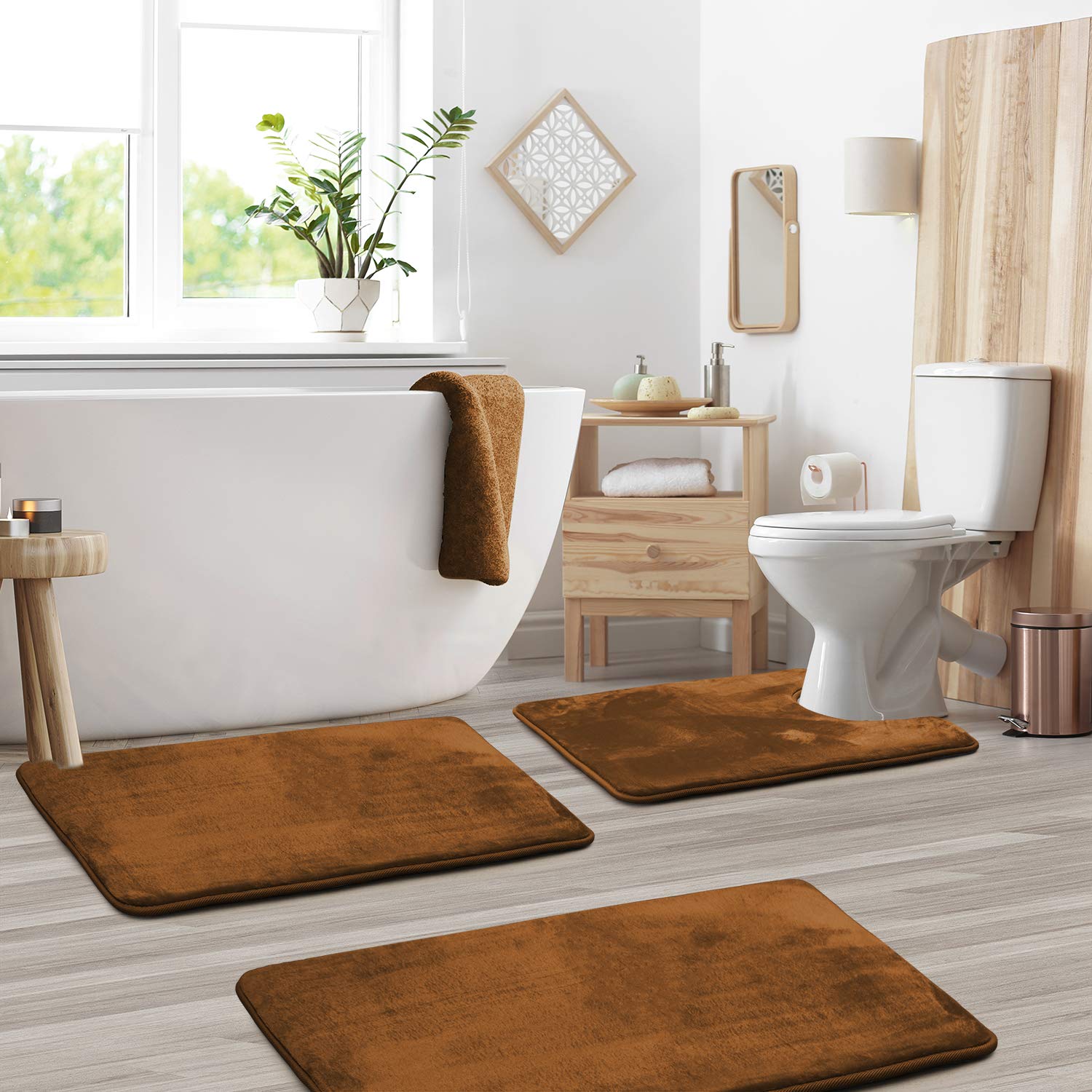 Clara Clark Memory Foam Bath Mat Set - 3 Piece Non-Slip Absorbent Velvet Bathroom Rugs (20x32, 17x24, 19x24) - Fast Drying, Soft & Plush for Bathroom, Shower & Vanity Area - Brown Luxury Contour Mats Set