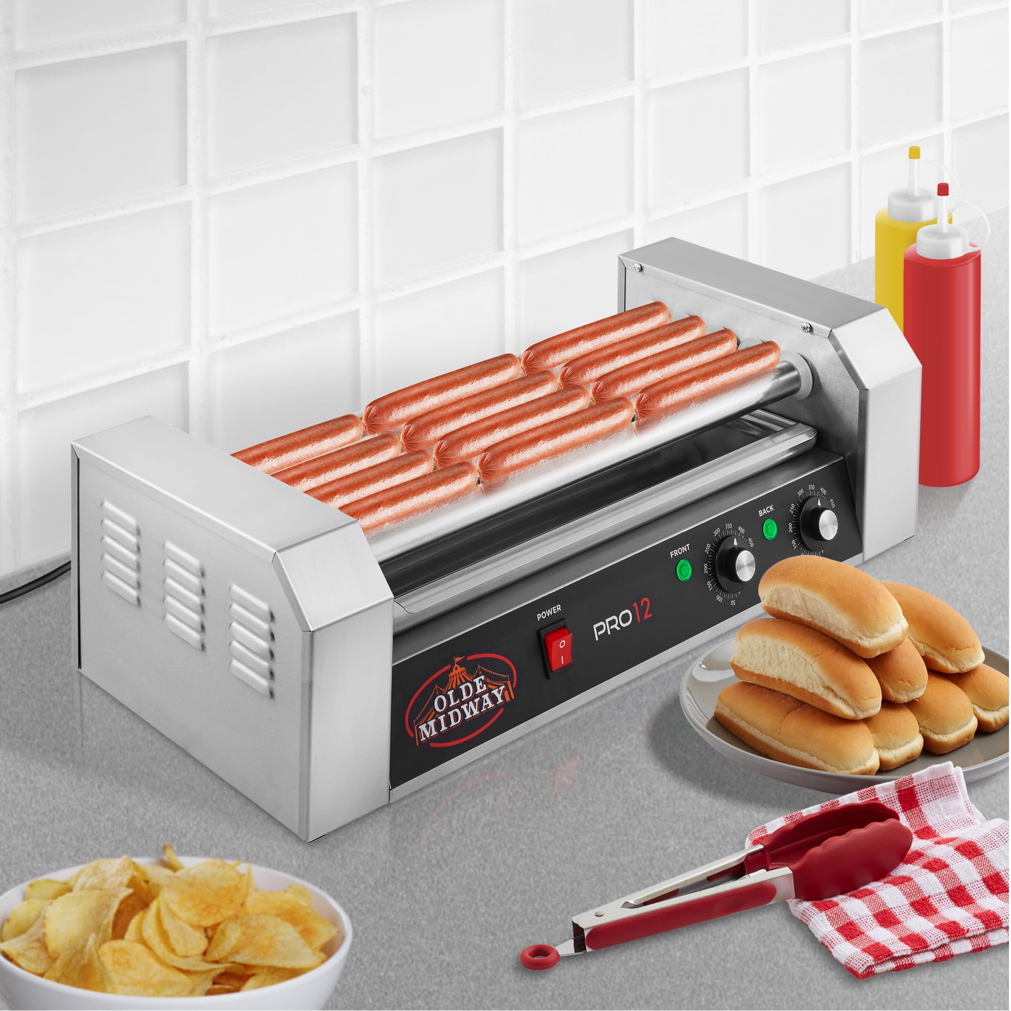 Olde Midway Electric 12 Hot Dog 5 Roller Grill Cooker Machine 700-Watt - Commercial Grade Hot Dog Warmer for Restaurants, Food Trucks & Events - Stainless Steel Hot Dog Roller Grill with Adjustable Temperature