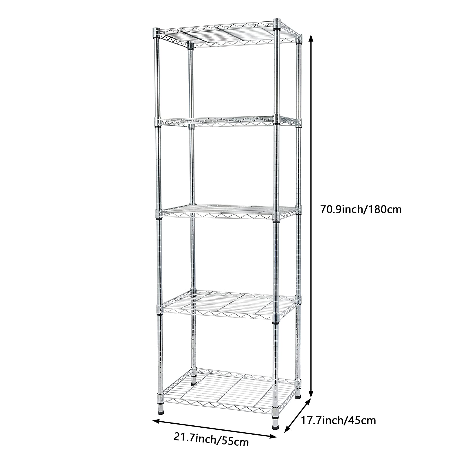 5-Tier Adjustable Metal Storage Shelf - Heavy Duty Wire Shelving Unit for Pantry, Closet, Kitchen, Laundry & Bathroom Organization (Silver) - Perfect for Home Storage & Commercial Use