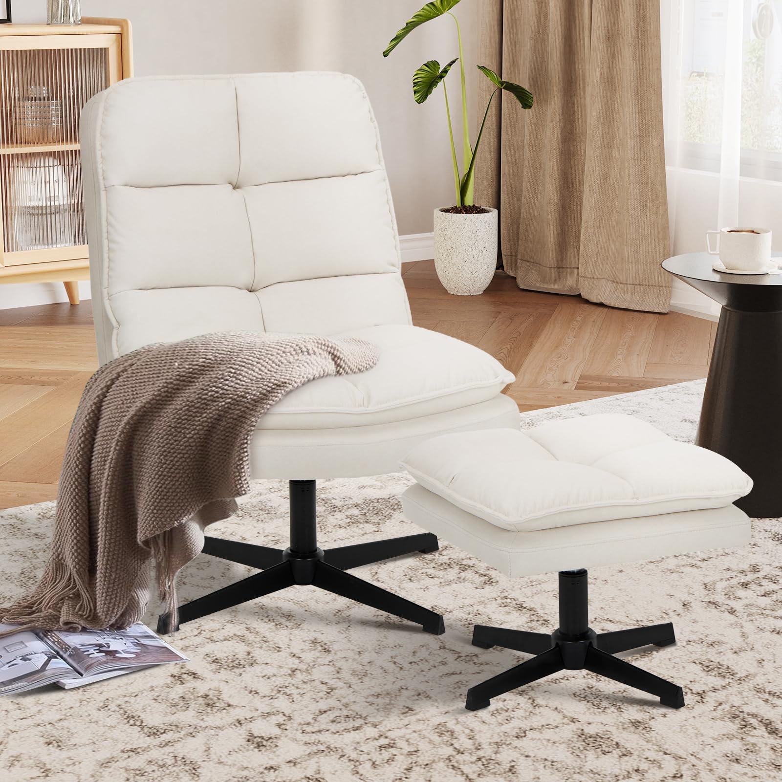 Modern Swivel Accent Chair with Ottoman Set - Velvet Fabric Lounge Chair with Criss Cross Legs & Footrest - Comfortable Reading Chair for Living Room, Home Office & Leisure - Beige - Perfect for Relaxing, Working & Small Space Decor