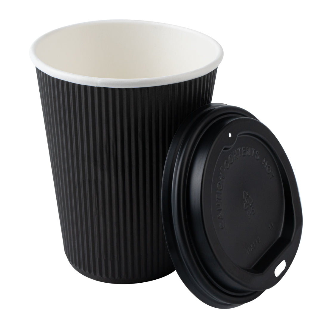 12 oz Black Ripple Wall Paper Coffee Cups with Lids - 20 Count Bulk Pack (3.5