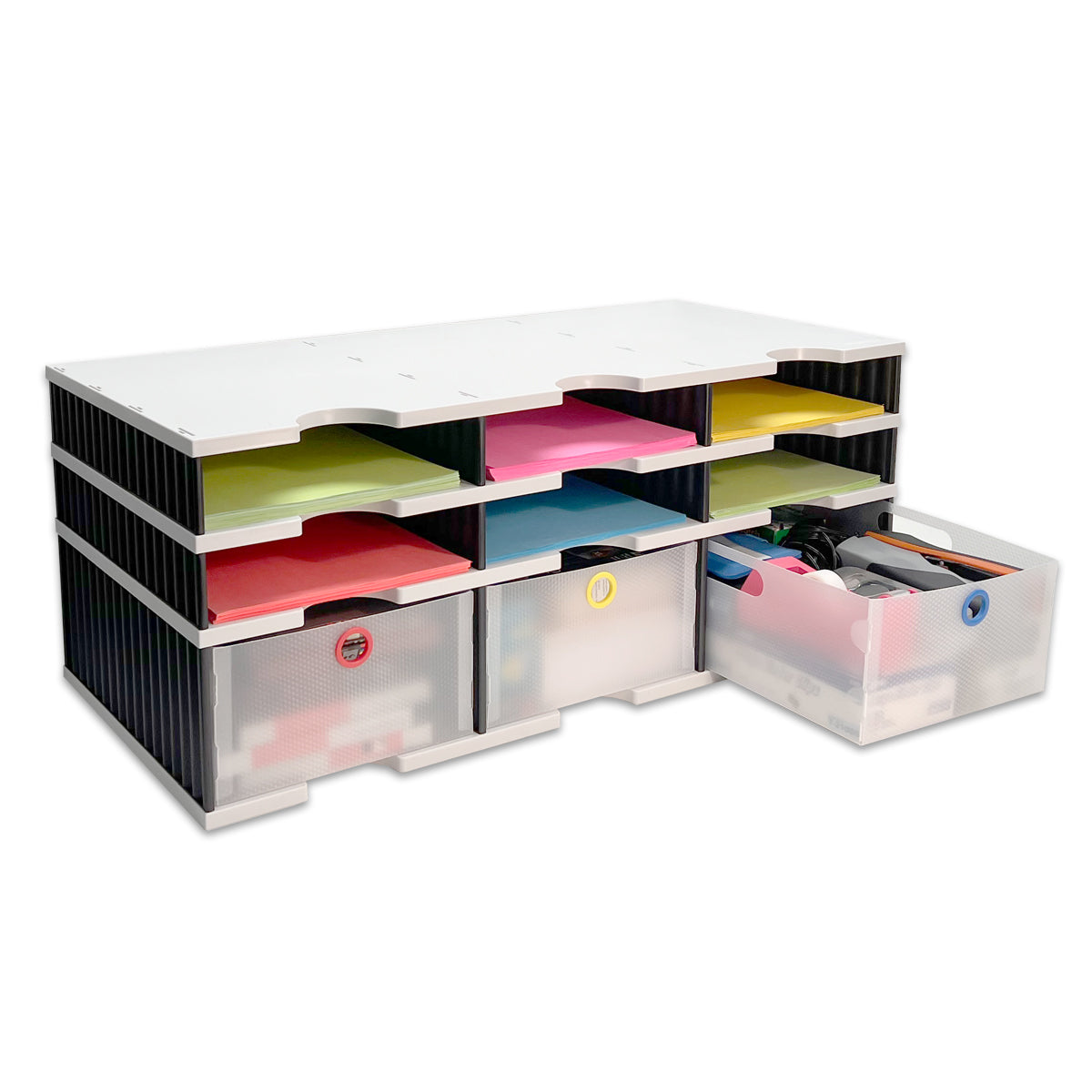 6-Tier Desktop Organizer with Letter Trays, Storage Drawers & Riser Base - Modular Office Document & Supply Organizer for Files, Papers, Stationery - Perfect for Home Office, Workspace & School Organization