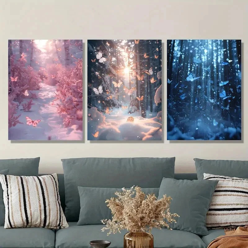 3Pcs Butterfly Poster in Forest - Blue & Pink Metal Print Wall Art Ready to Hang - Perfect for Living Room, Bedroom & Office Decor