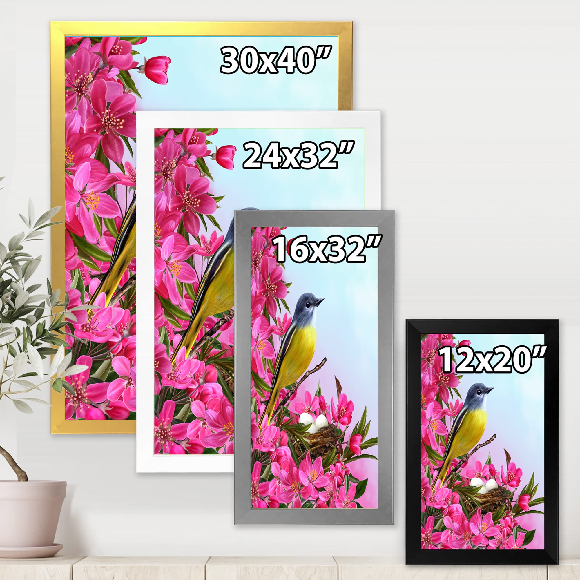 DesignQ Little Yellow Bird Near The Nest with Flowers - Traditional Framed Wall Art Painting - Perfect for Living Room, Bedroom & Office Decor