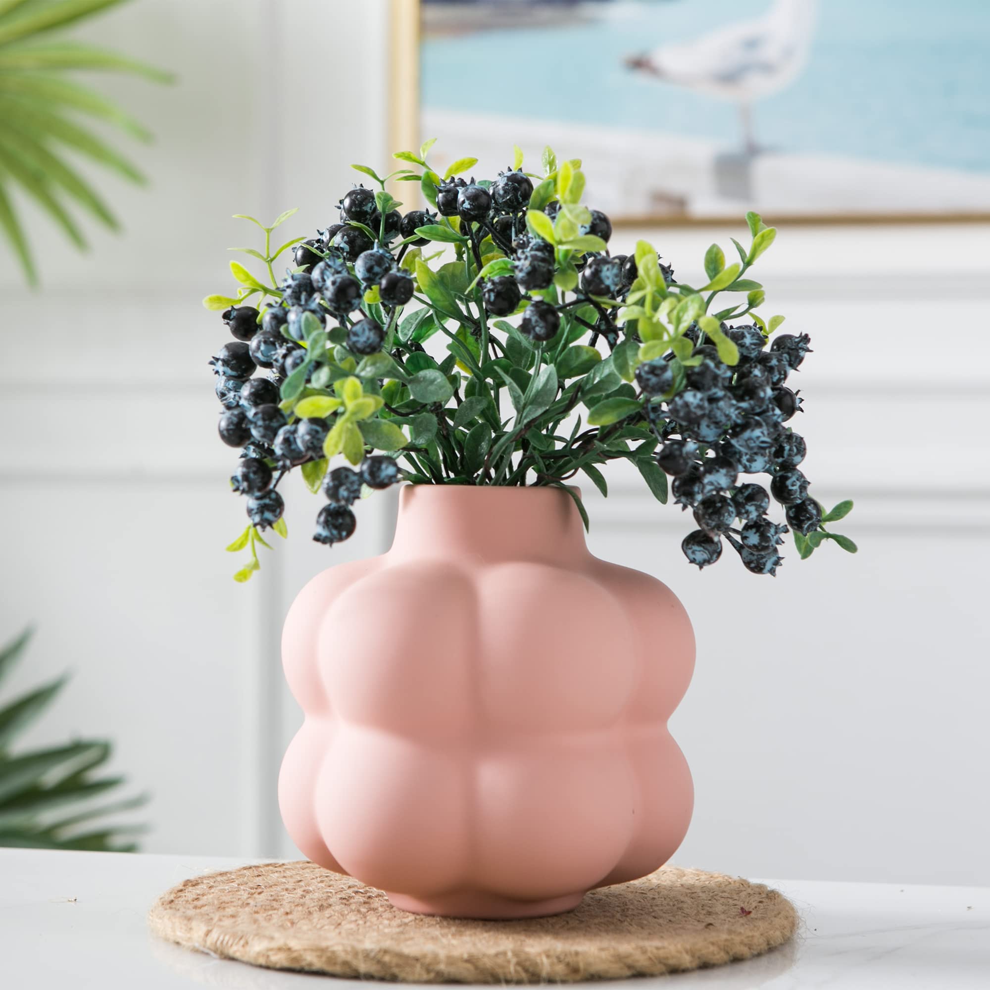 Mowtanco Pink Ceramic Vase - Modern Home Decor Flower Vase for Dining Table, Coffee Table, Mantle, Living Room Centerpiece, Fireplace, Wedding, Office, and Gift Ideas
