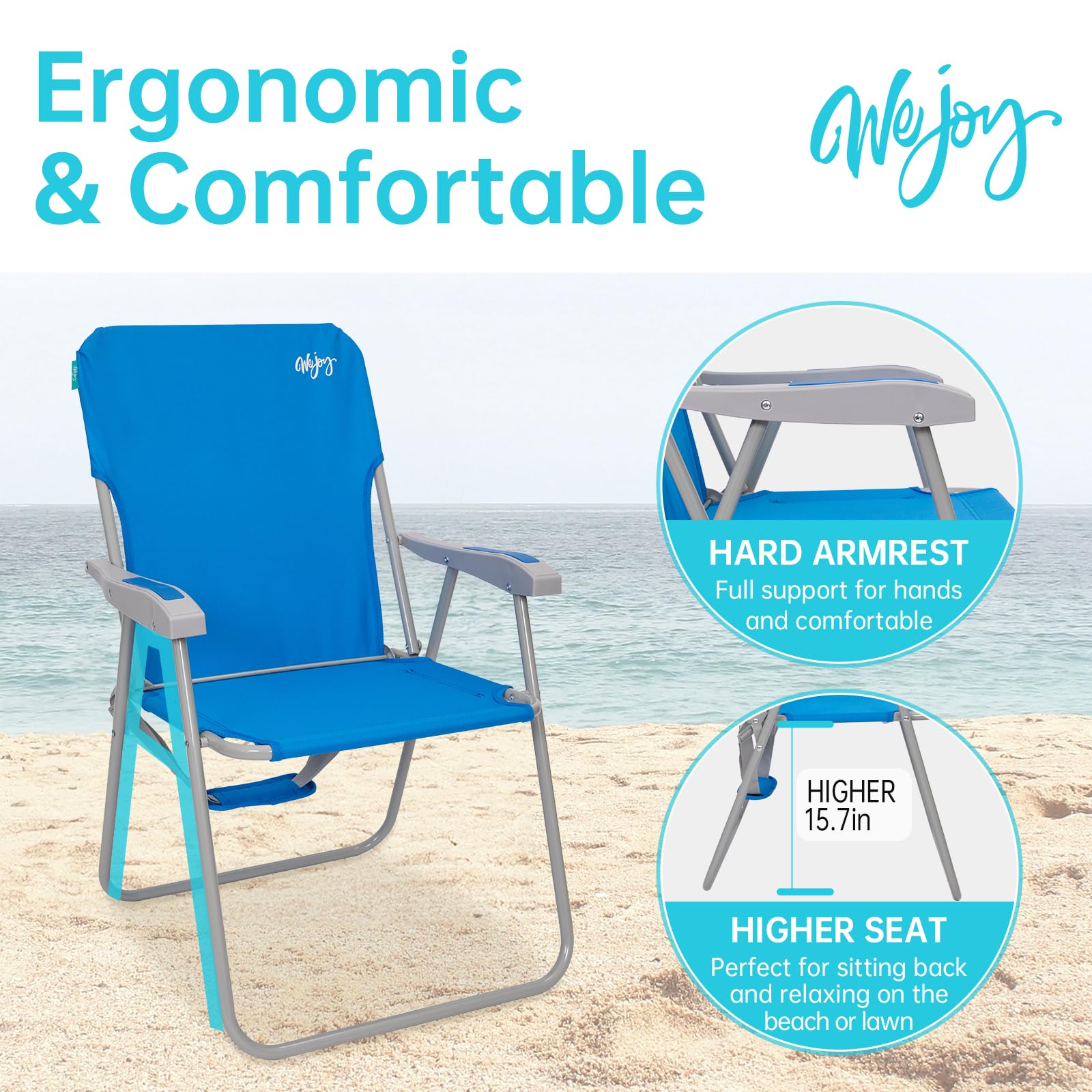 WEJOY Lightweight Folding Beach Chair for Adults - Portable High Back Camping Chair with Shoulder Strap & Hard Armrests - 300lbs Capacity - Perfect for Beach, Poolside, Camping, Picnics, Concerts & Outdoor Relaxation (Blue)