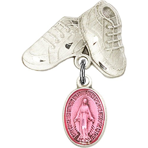 Sterling Silver Baby Badge with Pink Miraculous Charm & Baby Boots Pin - 1 X 5/8 Inch - Perfect for Christening, Baptism, Newborn Gifts & Keepsakes